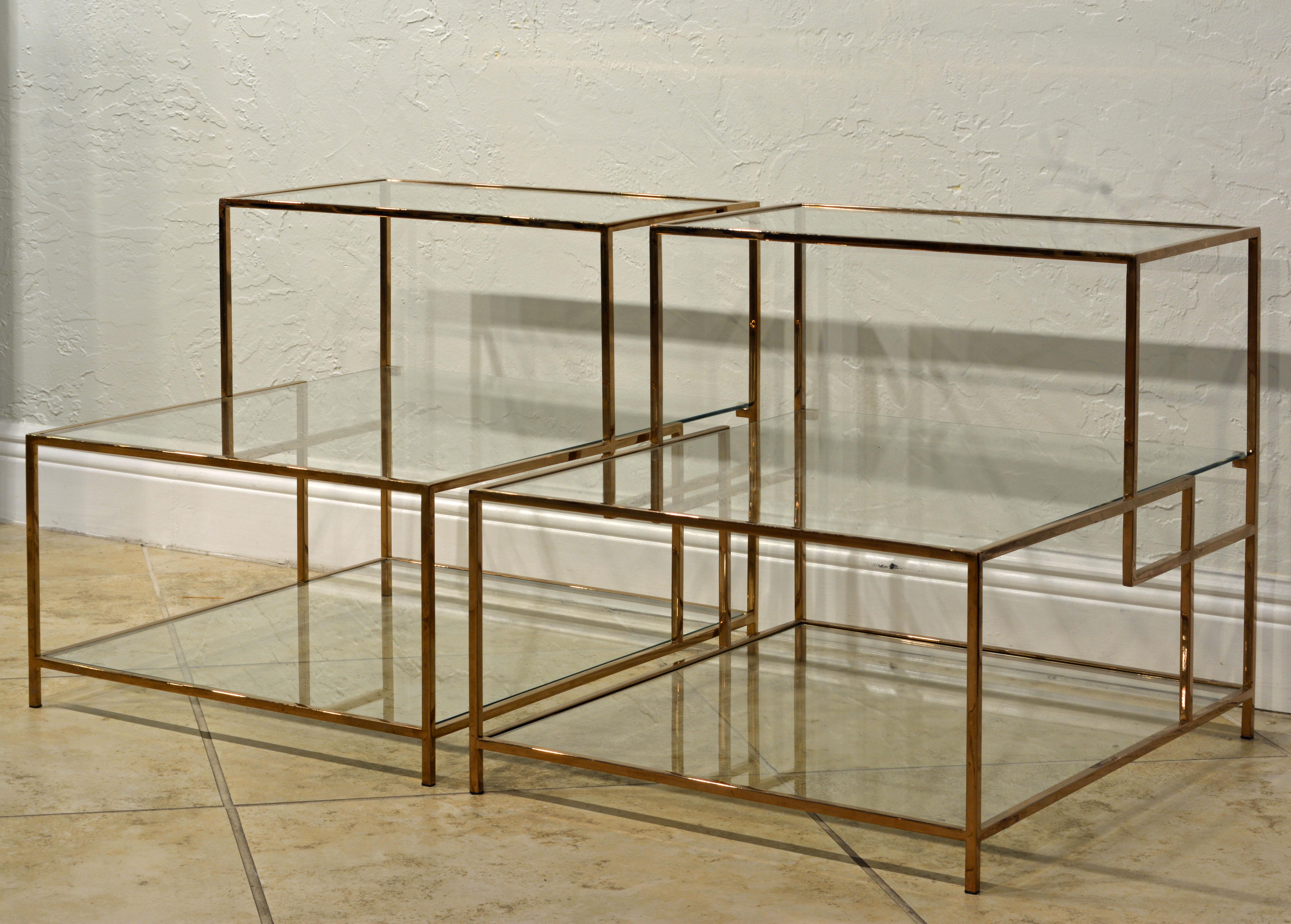 Bauhaus Pair of Minimalist Solid Brass and Glass Piet Mondrian Style Two Step End Tables