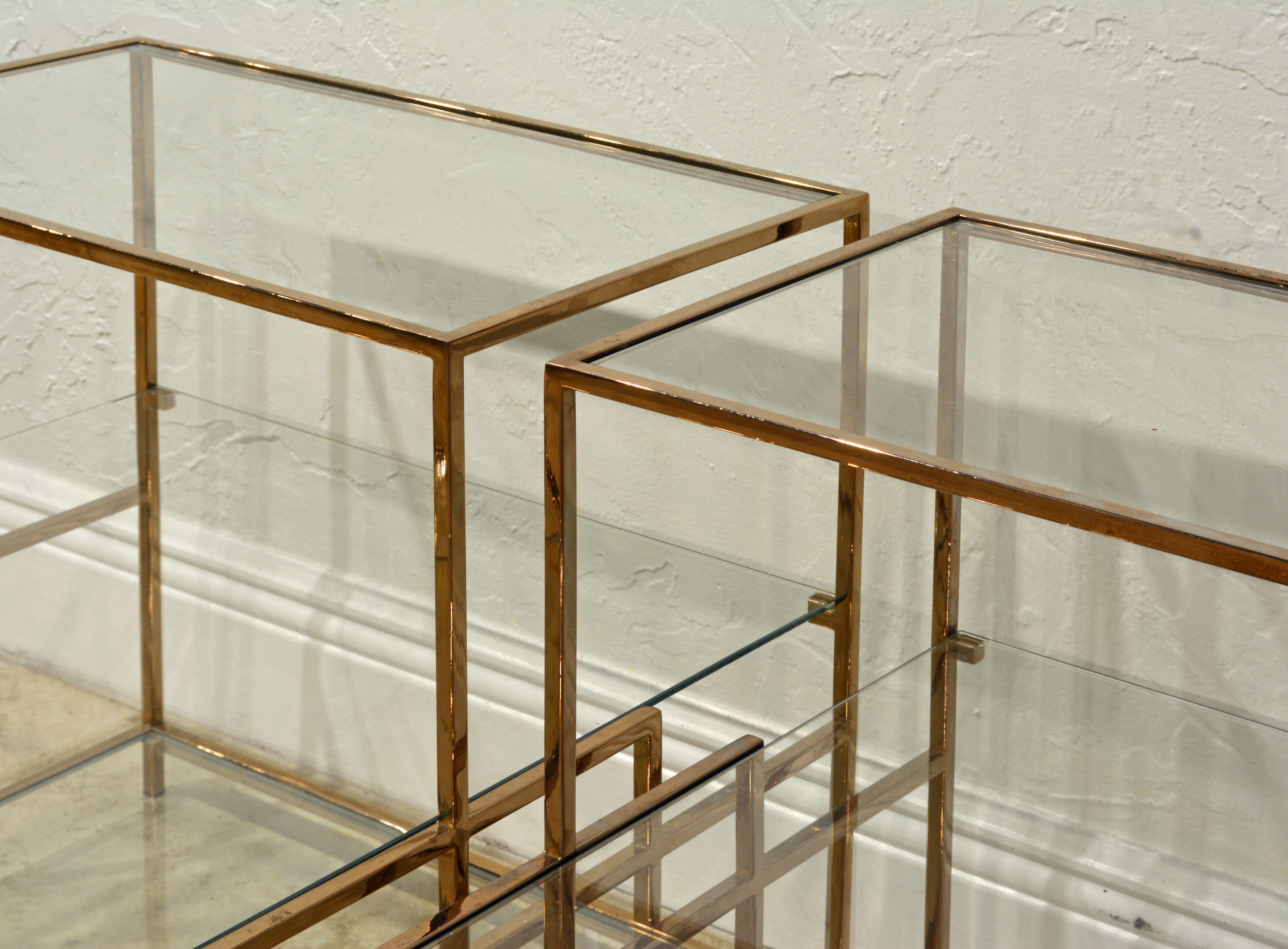 American Pair of Minimalist Solid Brass and Glass Piet Mondrian Style Two Step End Tables