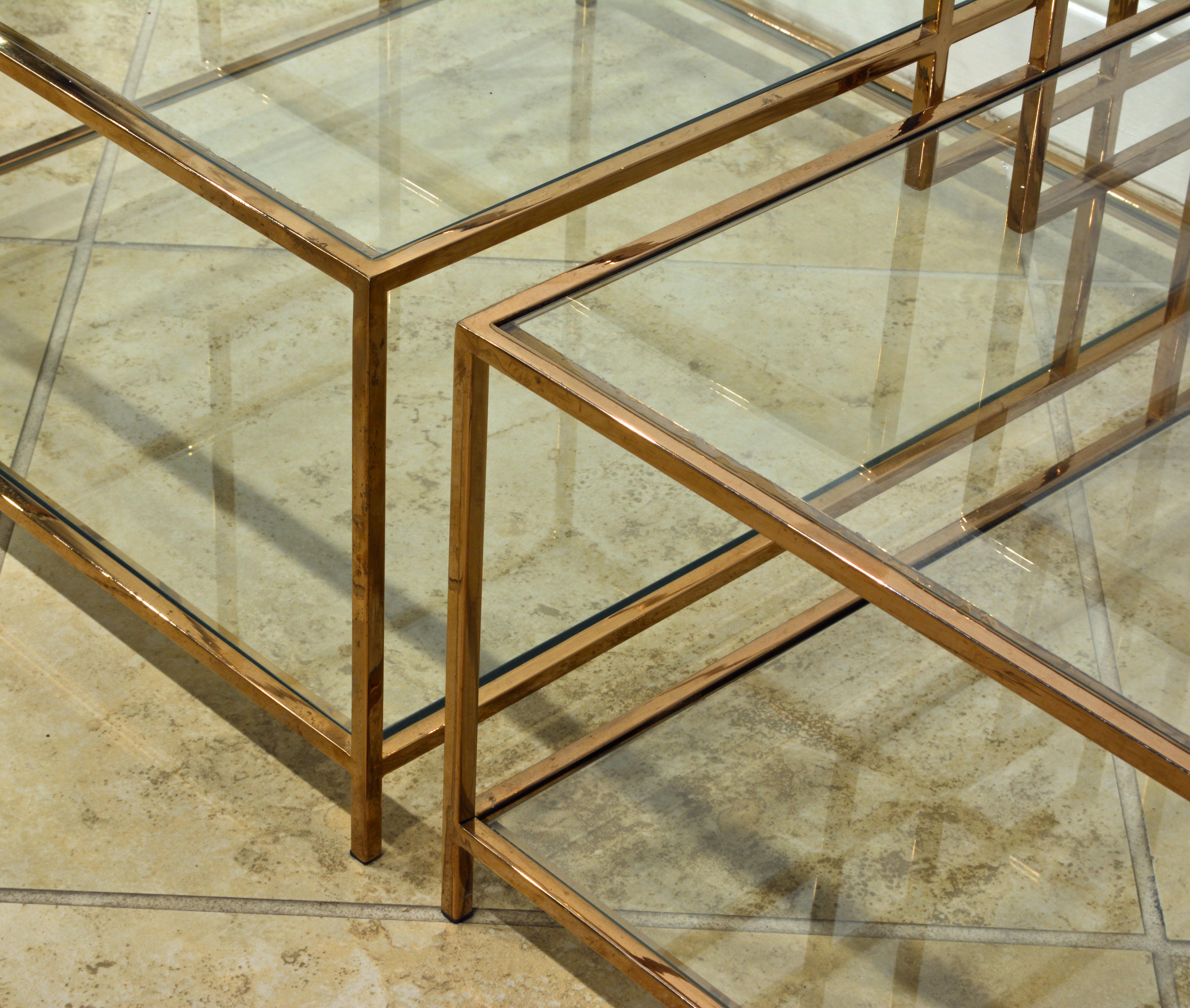 Pair of Minimalist Solid Brass and Glass Piet Mondrian Style Two Step End Tables In Good Condition In Ft. Lauderdale, FL