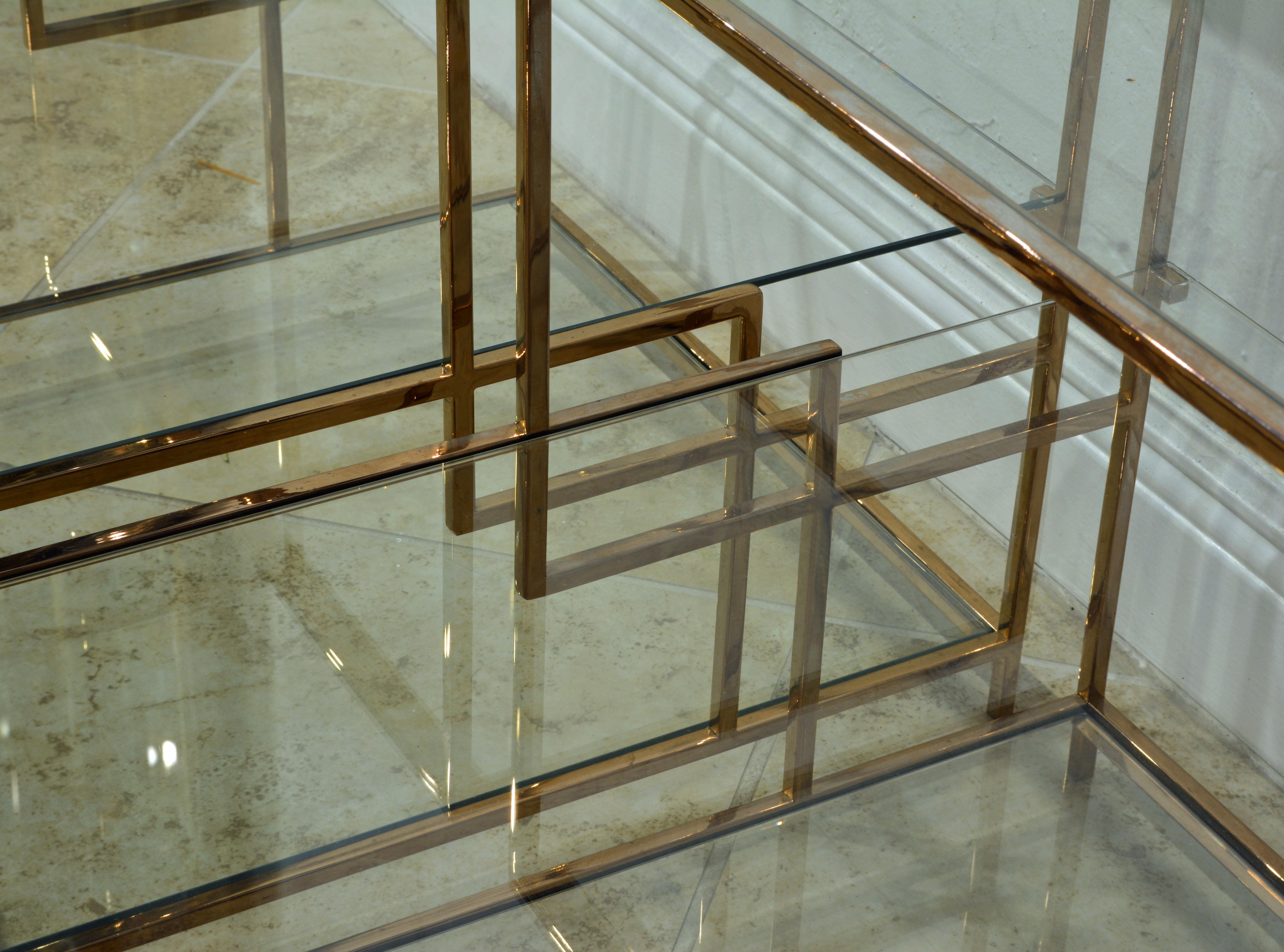 20th Century Pair of Minimalist Solid Brass and Glass Piet Mondrian Style Two Step End Tables