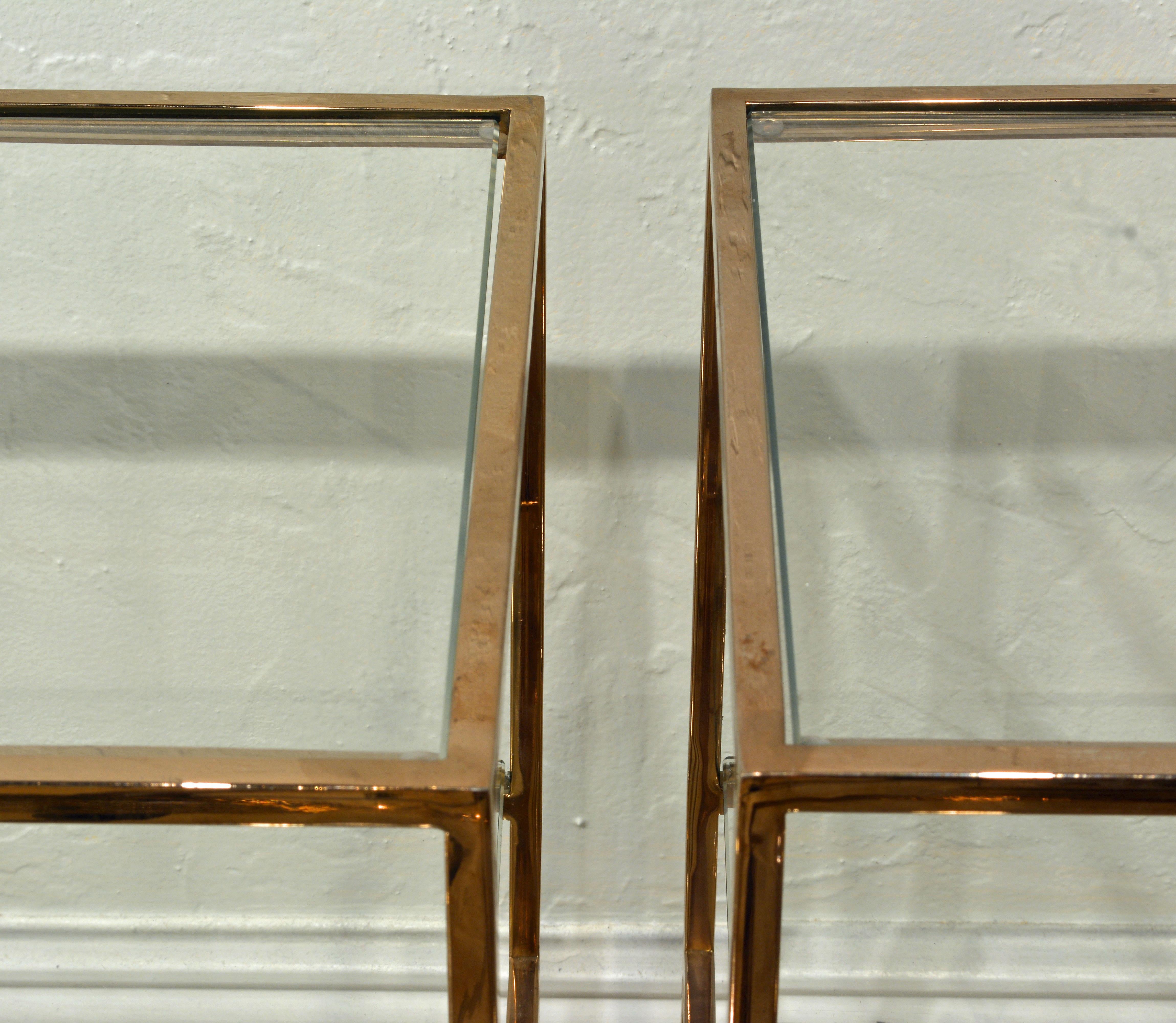 Pair of Minimalist Solid Brass and Glass Piet Mondrian Style Two Step End Tables 1