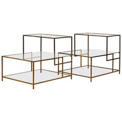 Pair of Minimalist Solid Brass and Glass Piet Mondrian Style Two Step End Tables