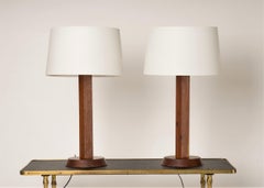 Pair of Minimalist Solid Teak Table Lamps - France 1970's