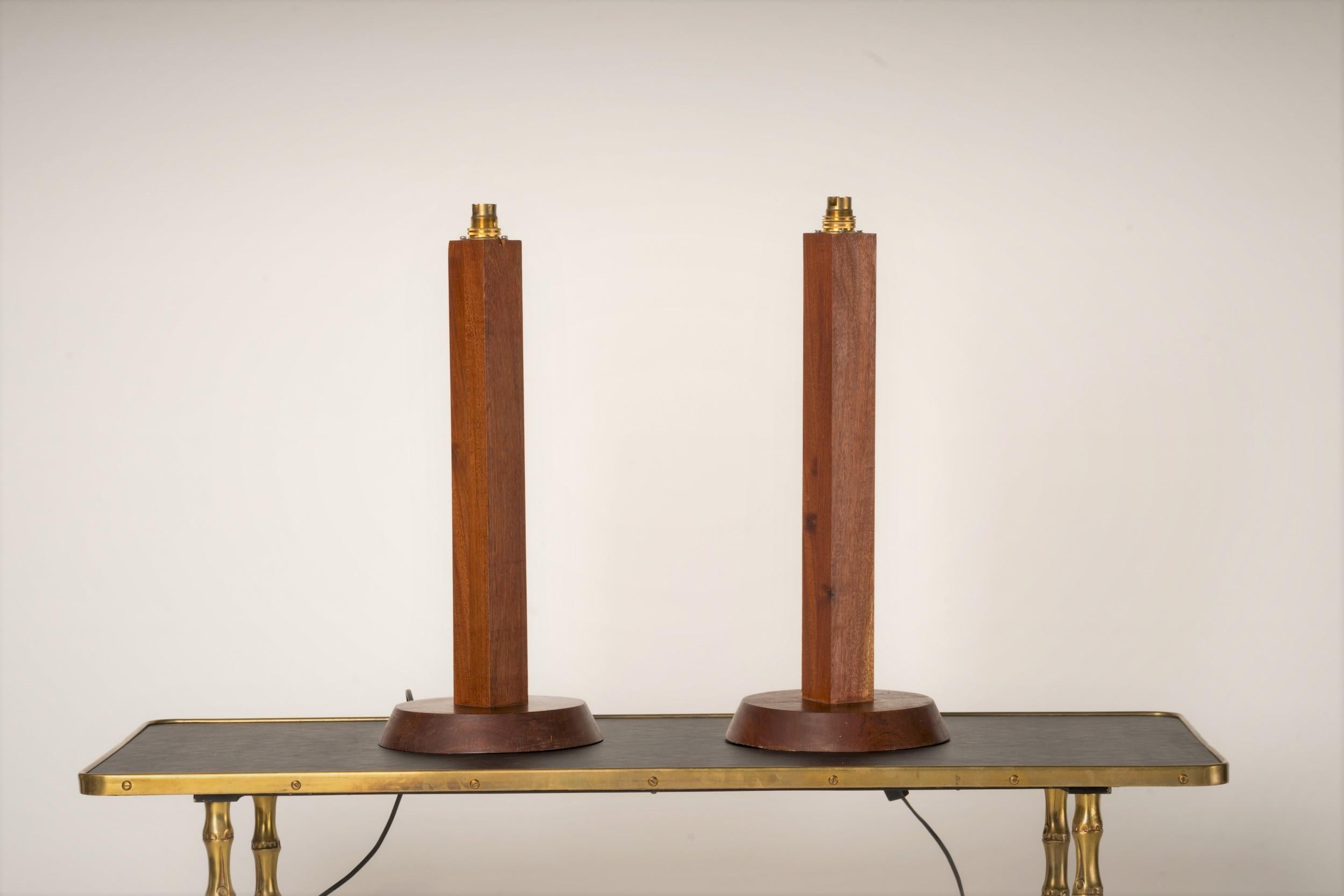 Late 20th Century Pair of Minimalist Solid Teak Table Lamps - France 1970's For Sale