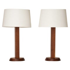 Pair of Minimalist Solid Teak Table Lamps - France 1970's