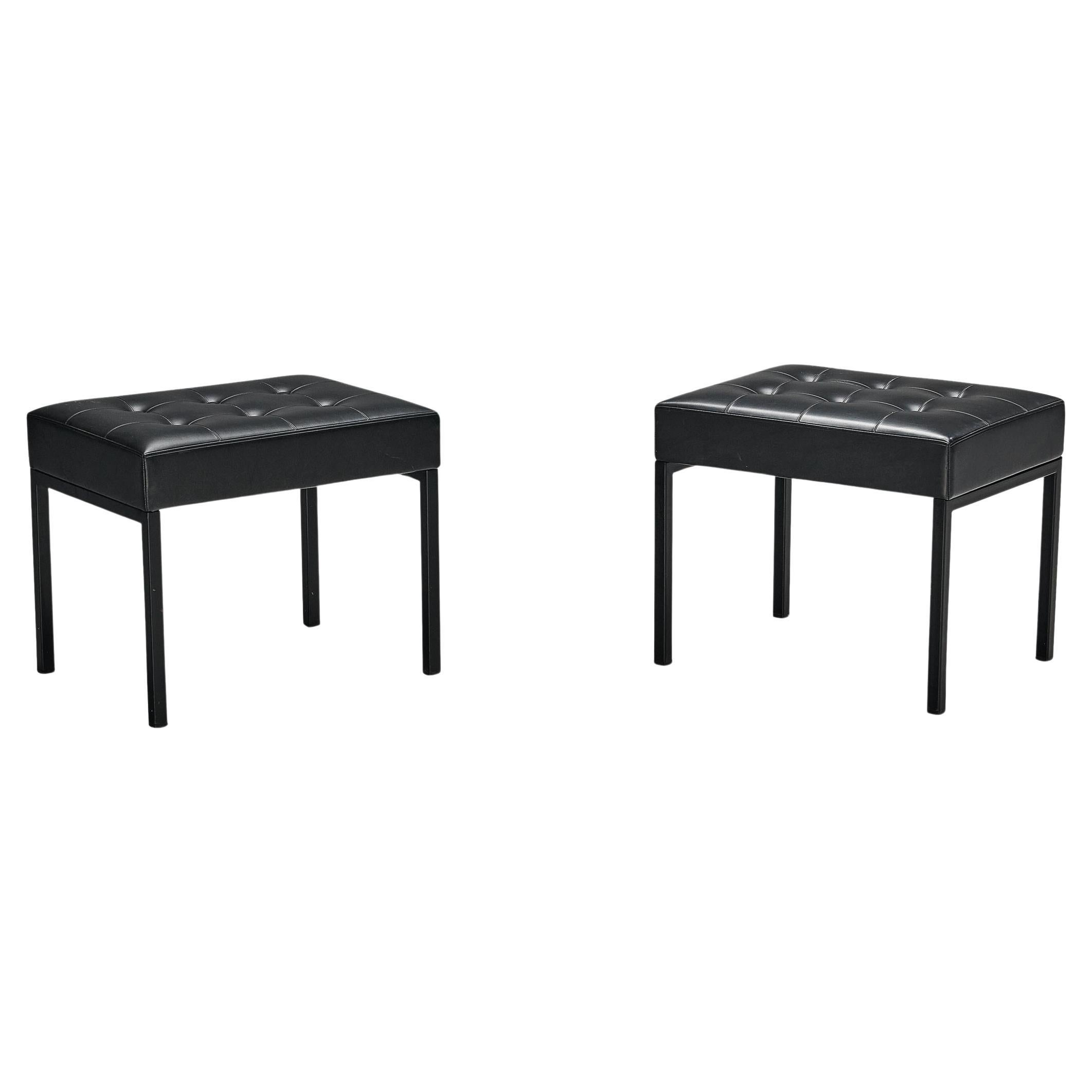 Pair of Minimalist Stools in Steel and Black Upholstery