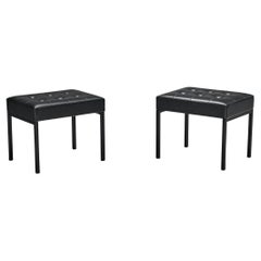 Vintage Pair of Minimalist Stools in Steel and Black Upholstery 