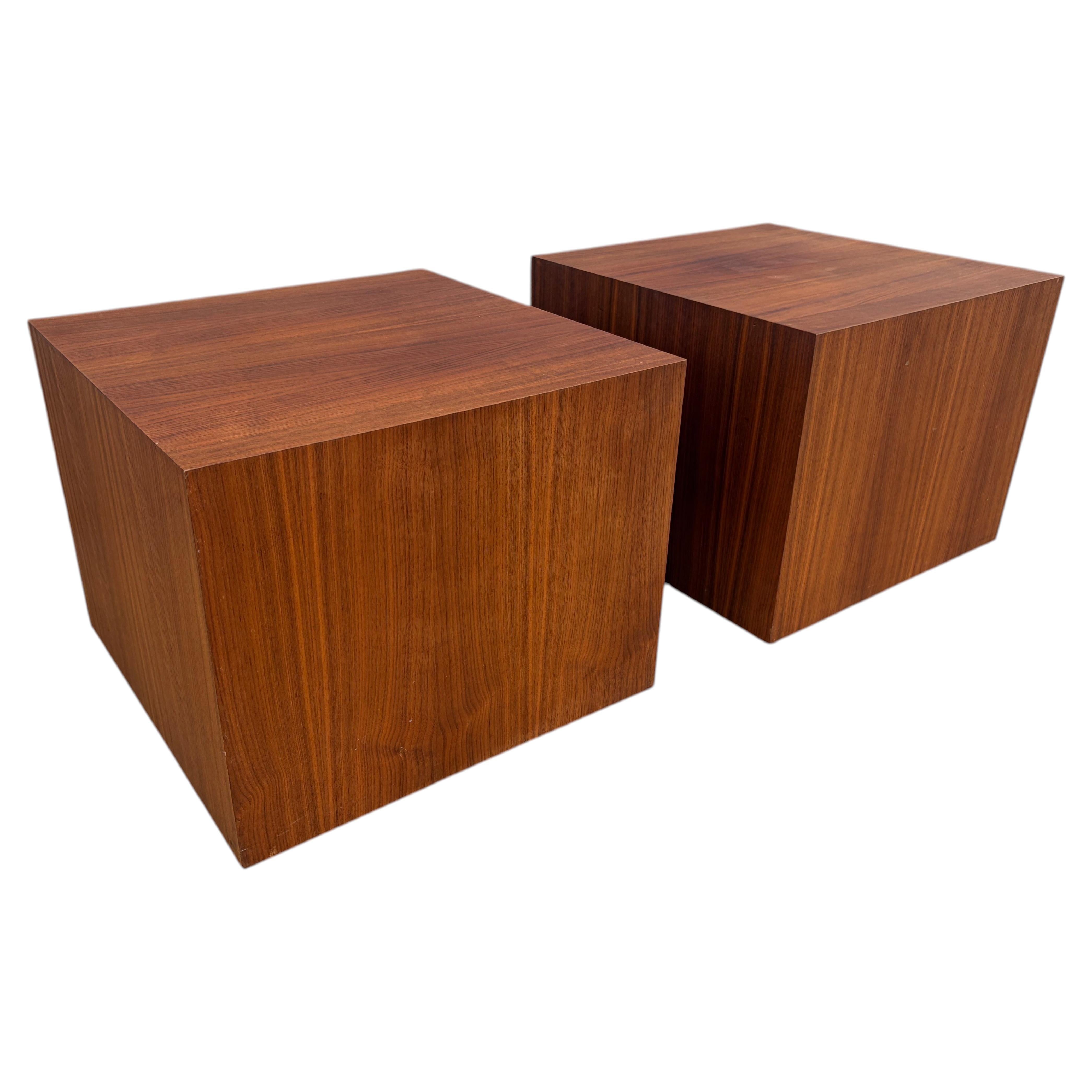 Pair of Minimalist Walnut Cube Side Tables, Mid-Century Modern, 1960s