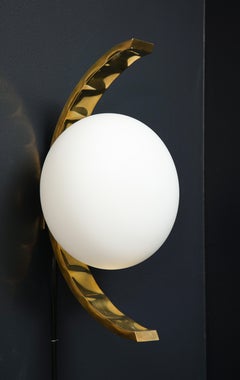 Pair of Minimalist White Glass Globe and Brass Sconces, Italy