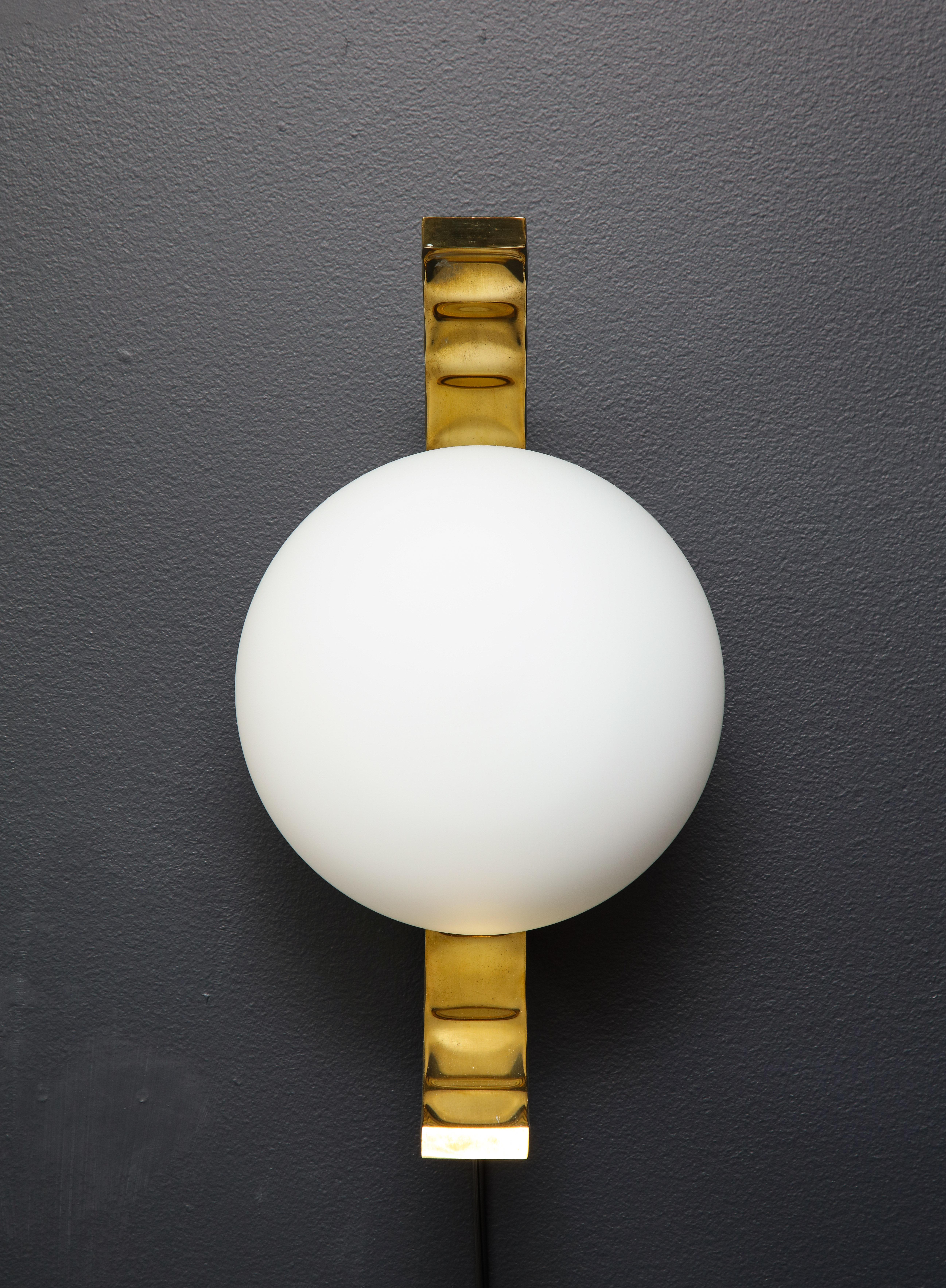 Italian Pair of Minimalist White Glass Globe and Brass Sconces, Italy For Sale