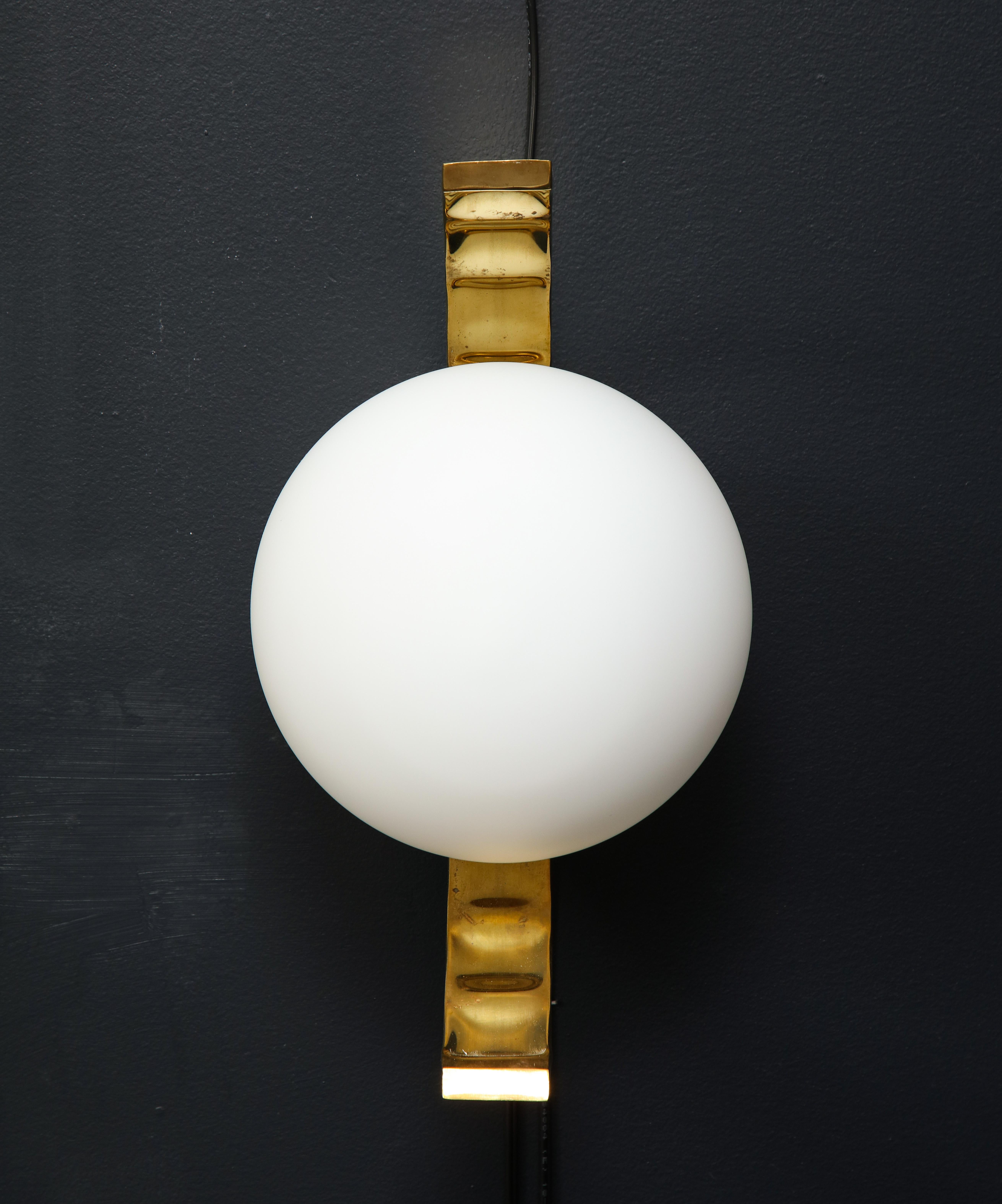 Hand-Crafted Pair of Minimalist White Glass Globe and Brass Sconces, Italy For Sale