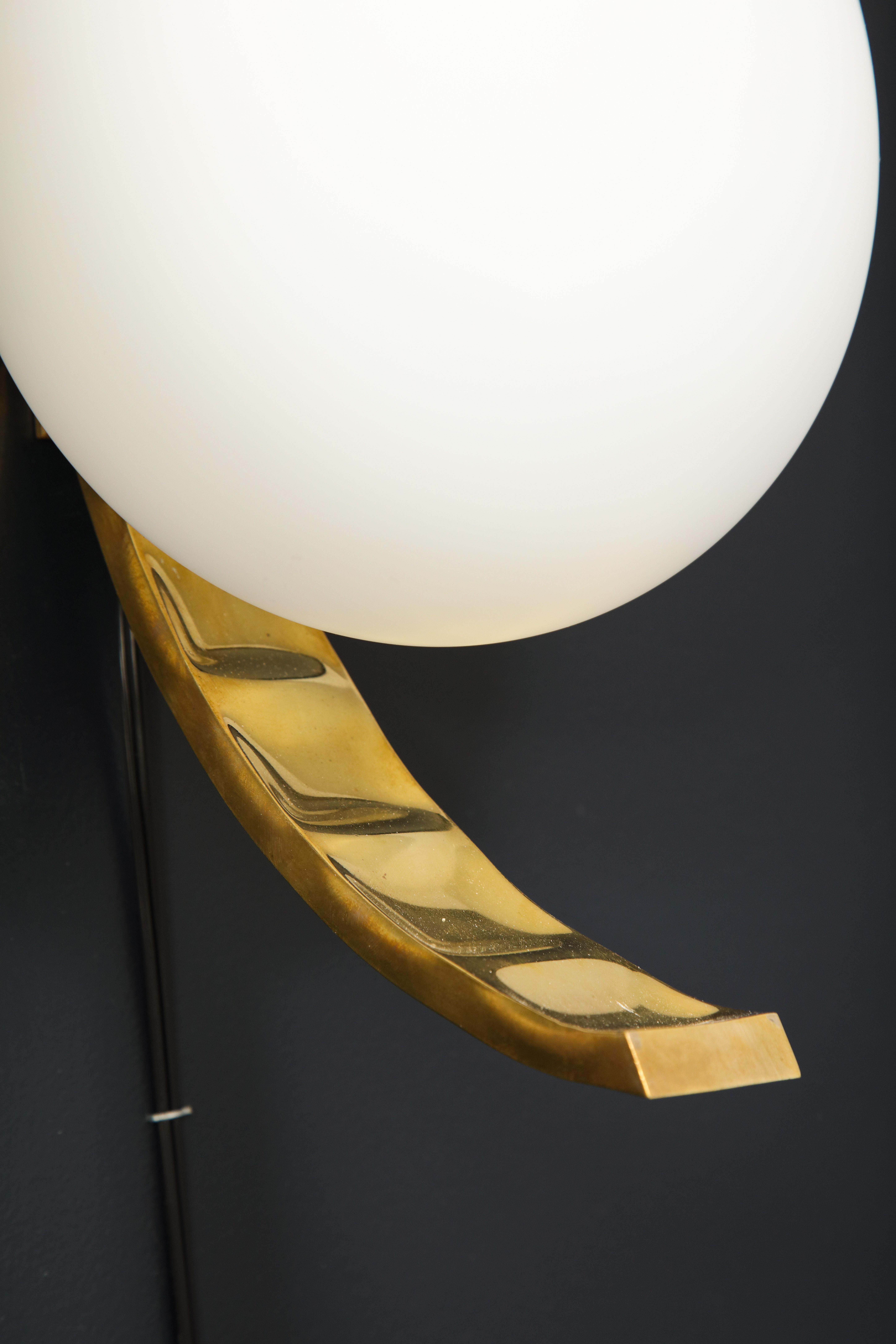 Contemporary Pair of Minimalist White Glass Globe and Brass Sconces, Italy For Sale