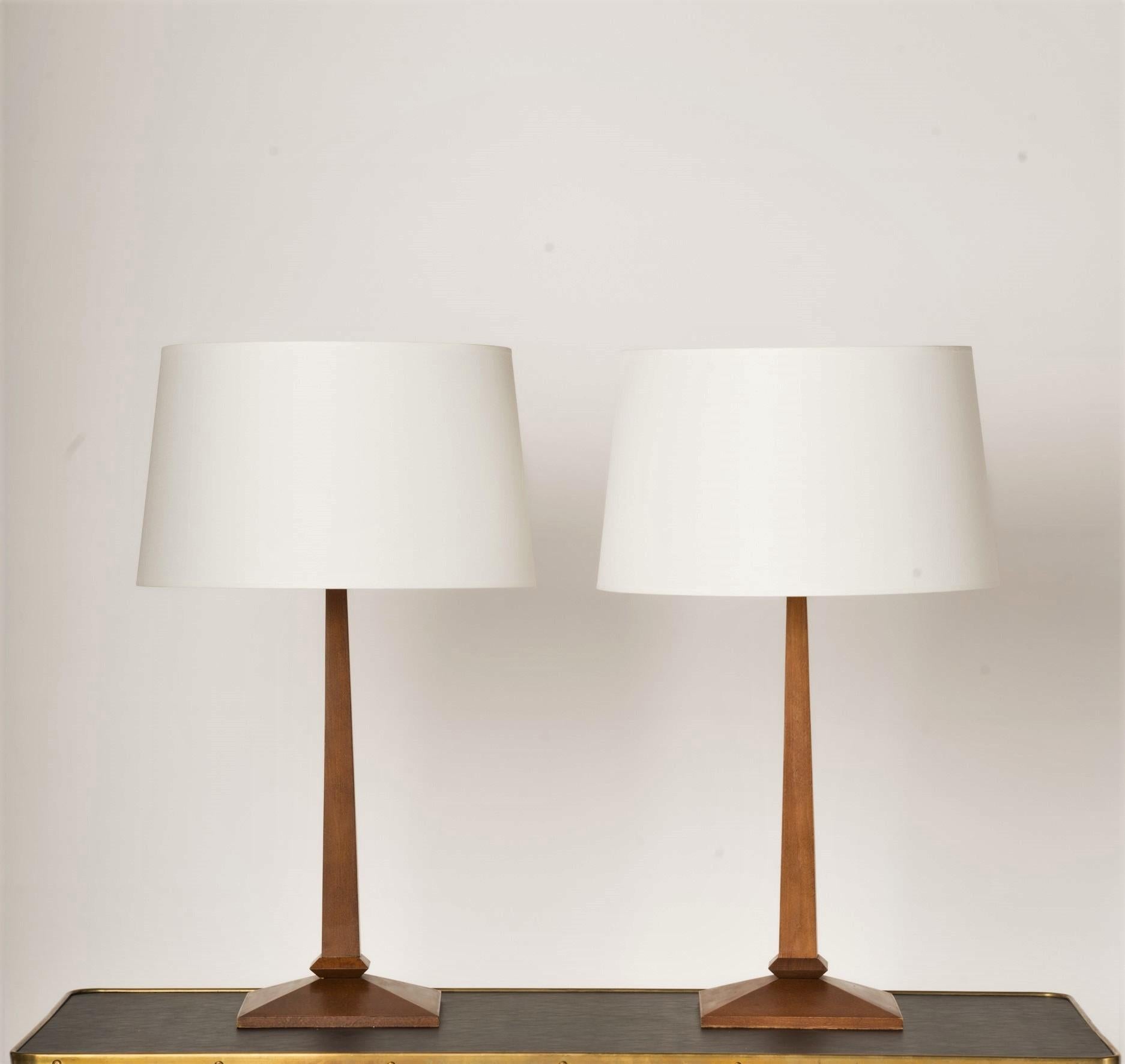 French Pair of Minimalist Wood Table Lamps - France 1970's