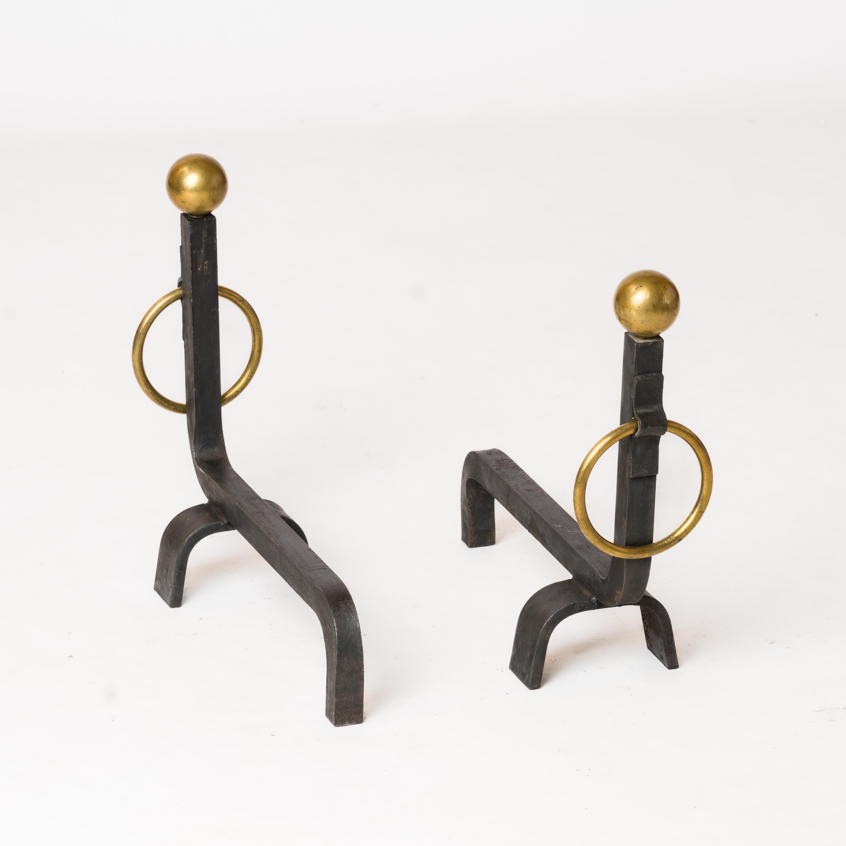 Late 20th Century Pair of Minimalist Wrought Iron Andirons with Polished Brass Hoop Handles - 1970 For Sale
