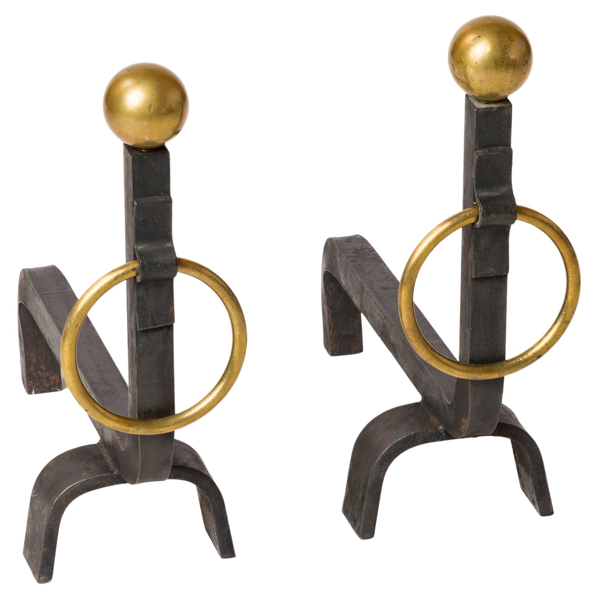Pair of Minimalist Wrought Iron Andirons with Polished Brass Hoop Handles - 1970
