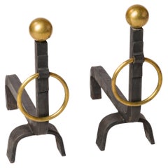 Pair of Minimalist Wrought Iron Andirons with Polished Brass Hoop Handles - 1970