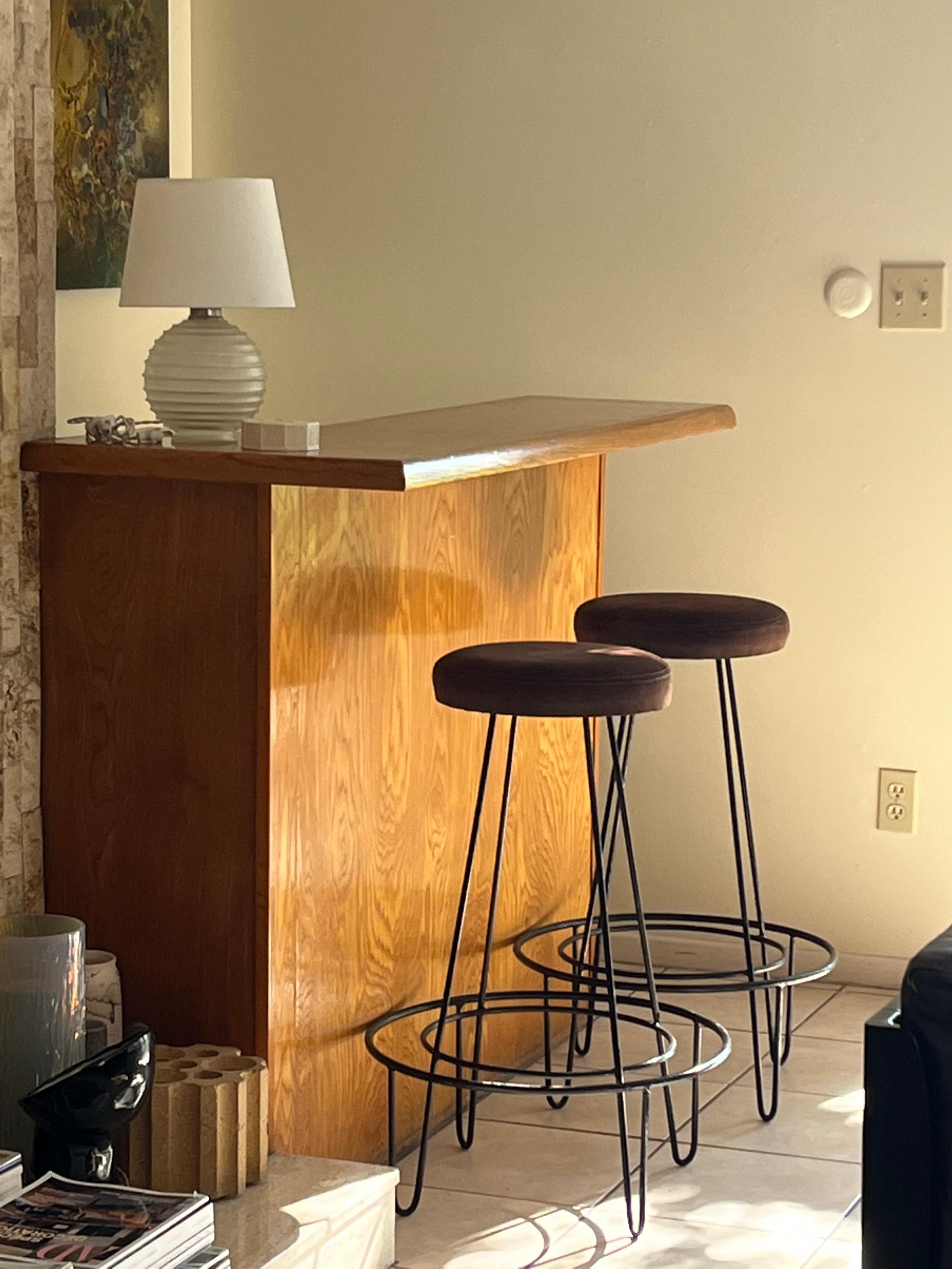 American Pair of Minimalistic Bar Stools with Brown Suede Seats For Sale