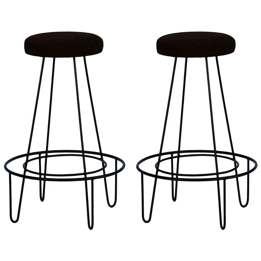 Pair of Minimalist Bar Stools with Brown Suede Seats For Sale