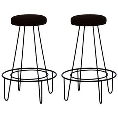 Pair of Minimalist Bar Stools with Brown Suede Seats