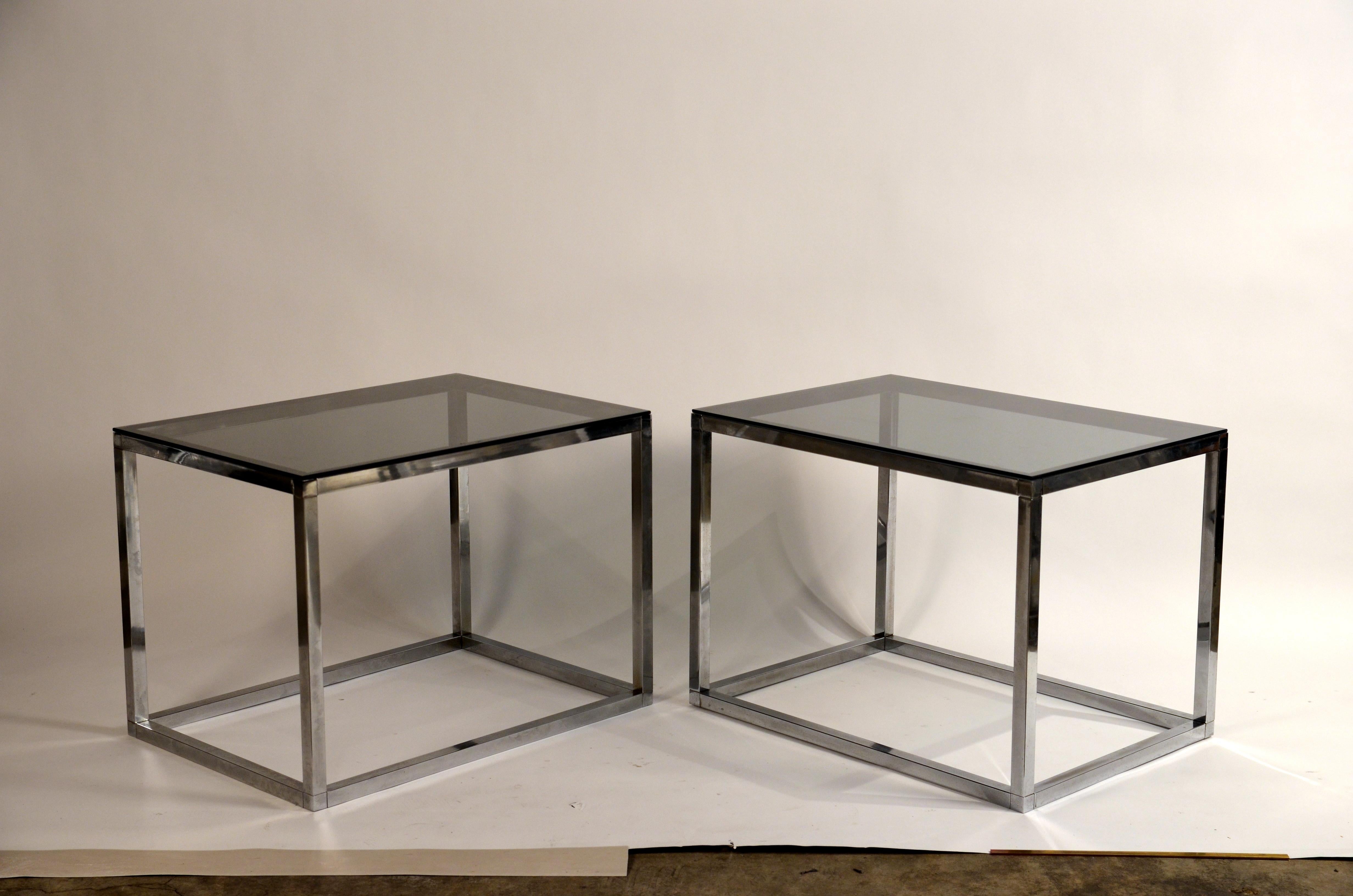 Modern Pair of Minimalistic Chrome and Smoked Glass Side or End Tables