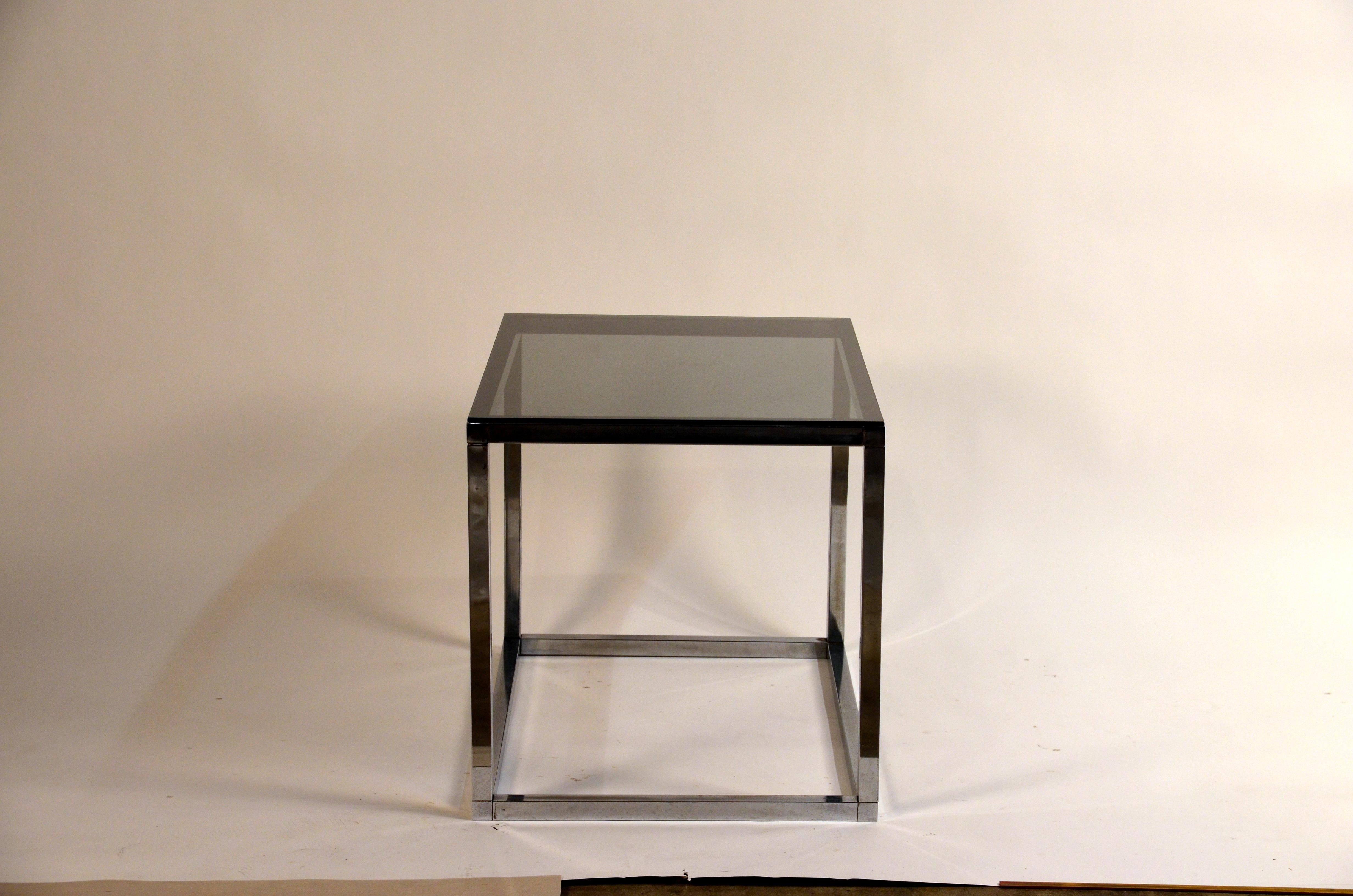 Late 20th Century Pair of Minimalistic Chrome and Smoked Glass Side or End Tables