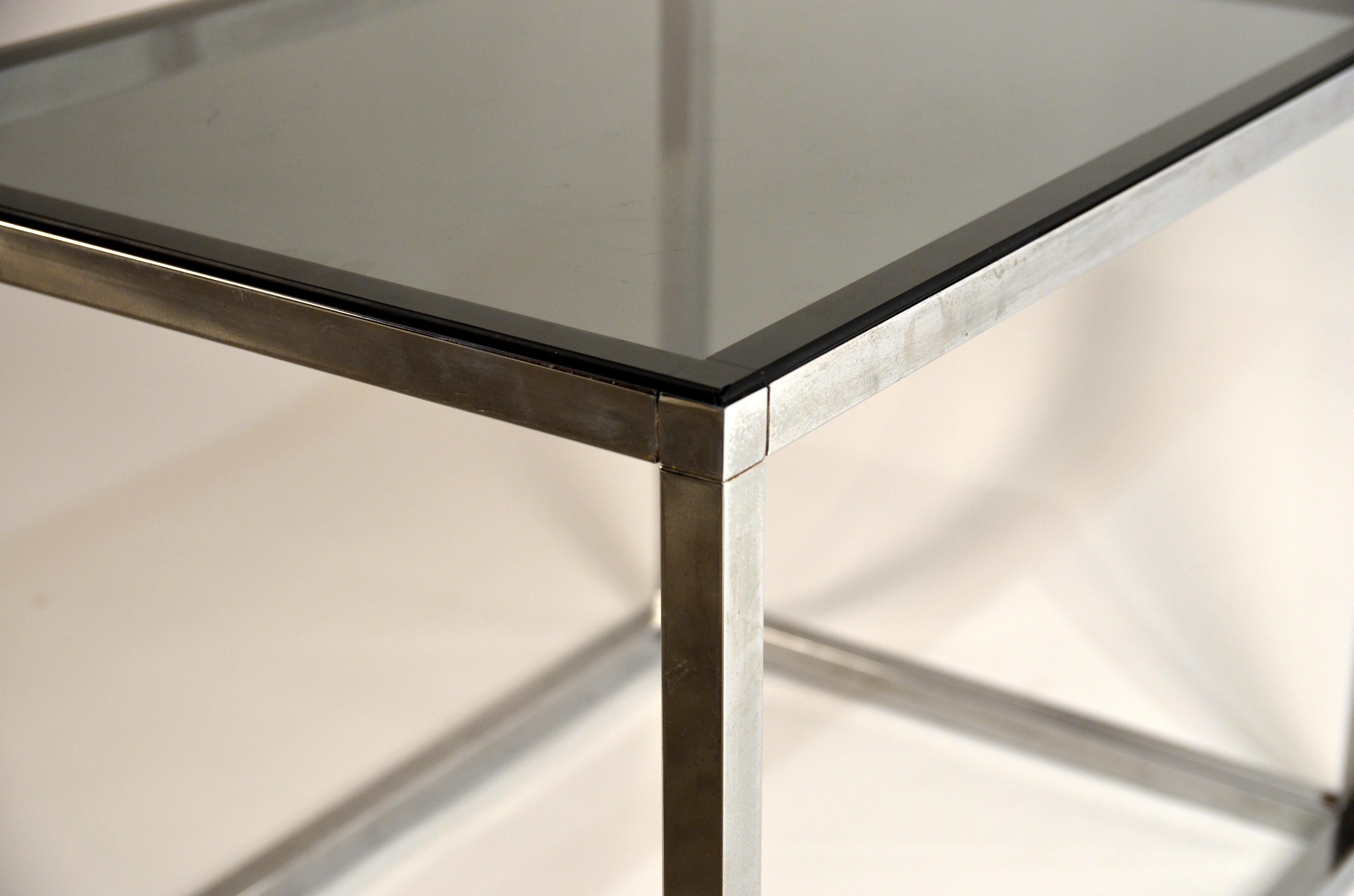Steel Pair of Minimalistic Chrome and Smoked Glass Side or End Tables