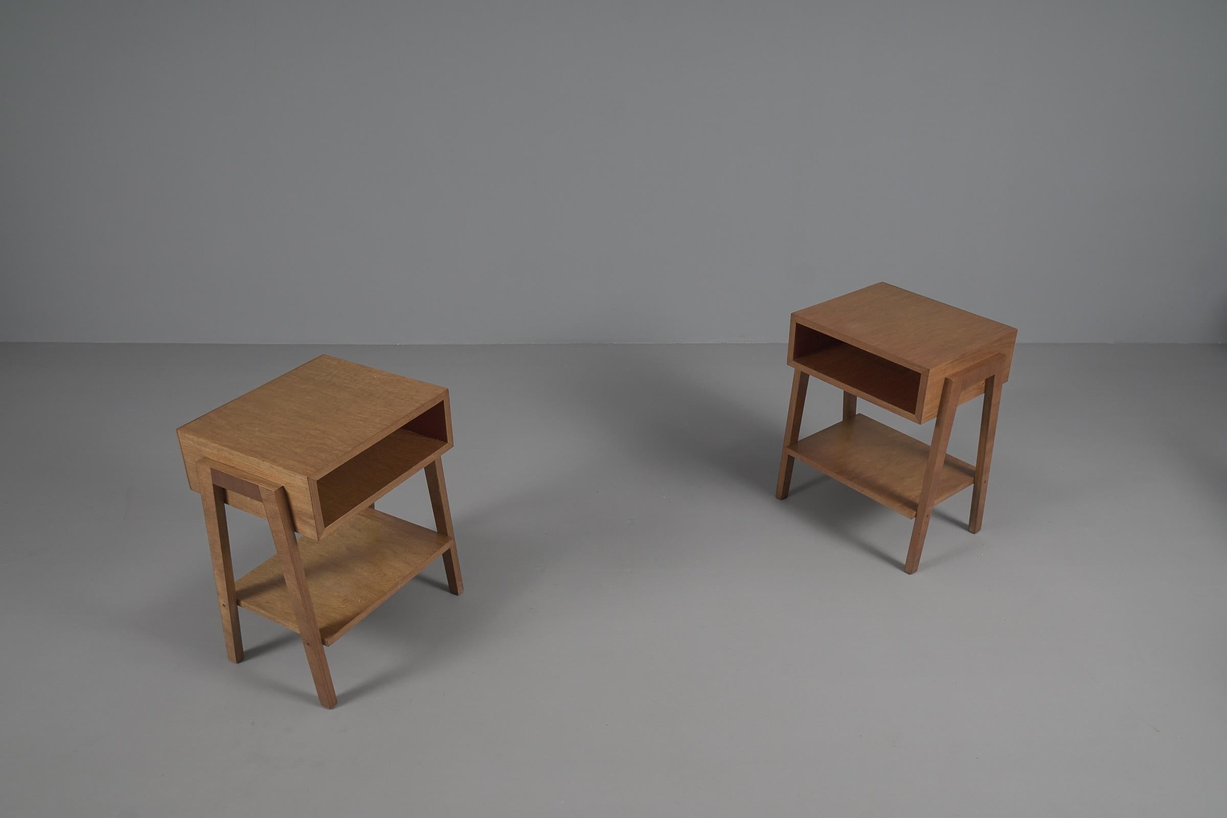 Brass  Pair of Minimalistic Mid-Century Modern Wooden Nightstands, Italy 1950s For Sale