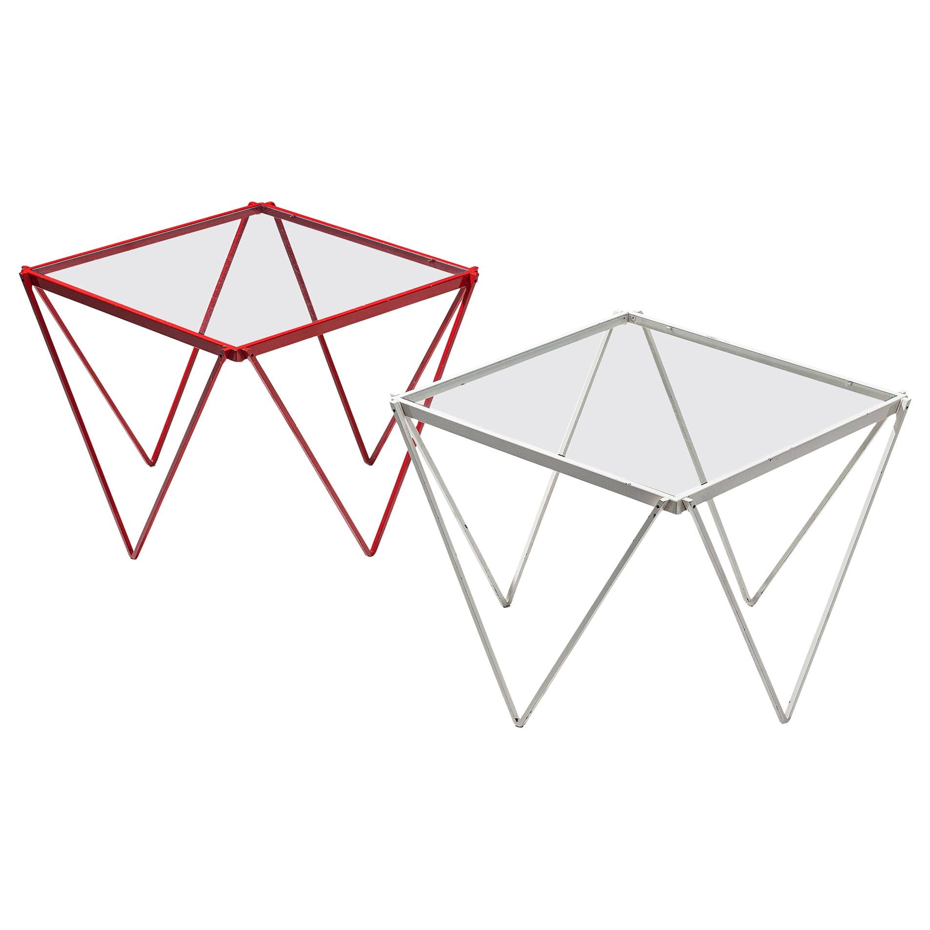 Pair of Minimalistic Nesting Tables in White and Red Lacquered Metal