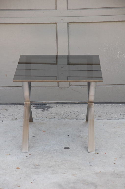 Pair of Minimalistic Stainless Steel and Glass Side Tables For Sale 3