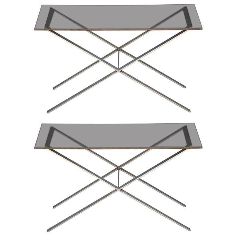 Pair of Minimalistic Stainless Steel and Glass Side Tables For Sale