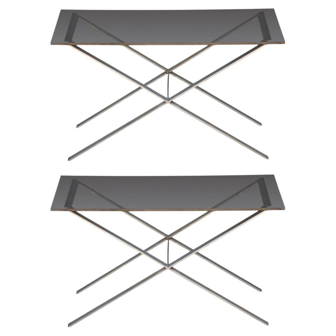 Pair of Minimalistic Stainless Steel and Glass Side Tables For Sale