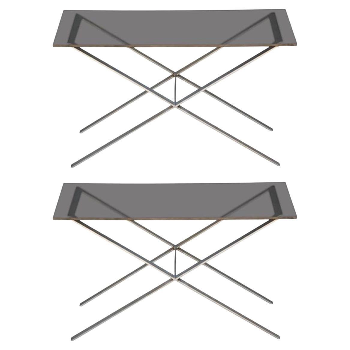 Pair of Minimalistic Stainless Steel and Glass Side Tables For Sale