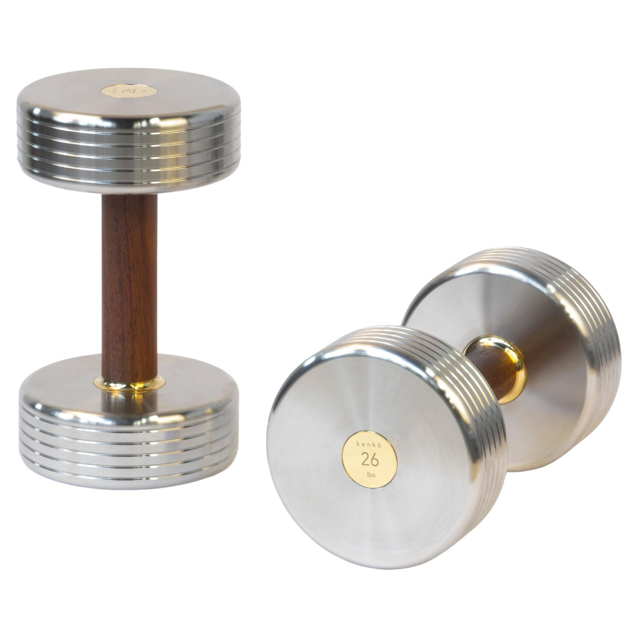 Pair of Minimalsitic Sculptural Dumbbells by kenko in Stainless Steel & Walnut