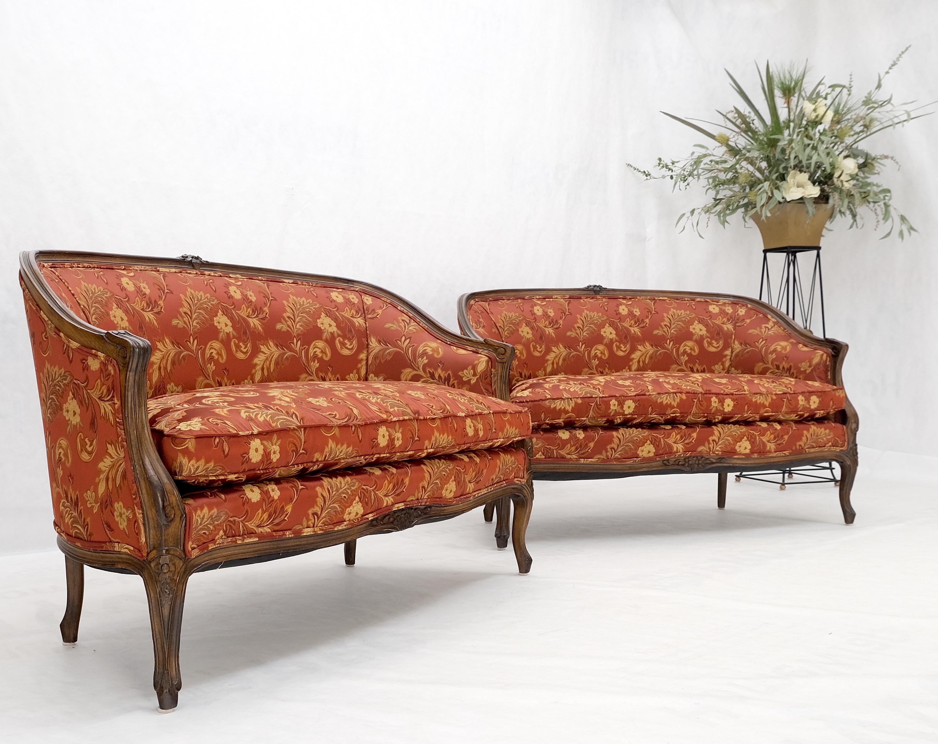 Pair of Mint Condition Carved Walnut Country French Down Cushions Compact Sofas For Sale 3