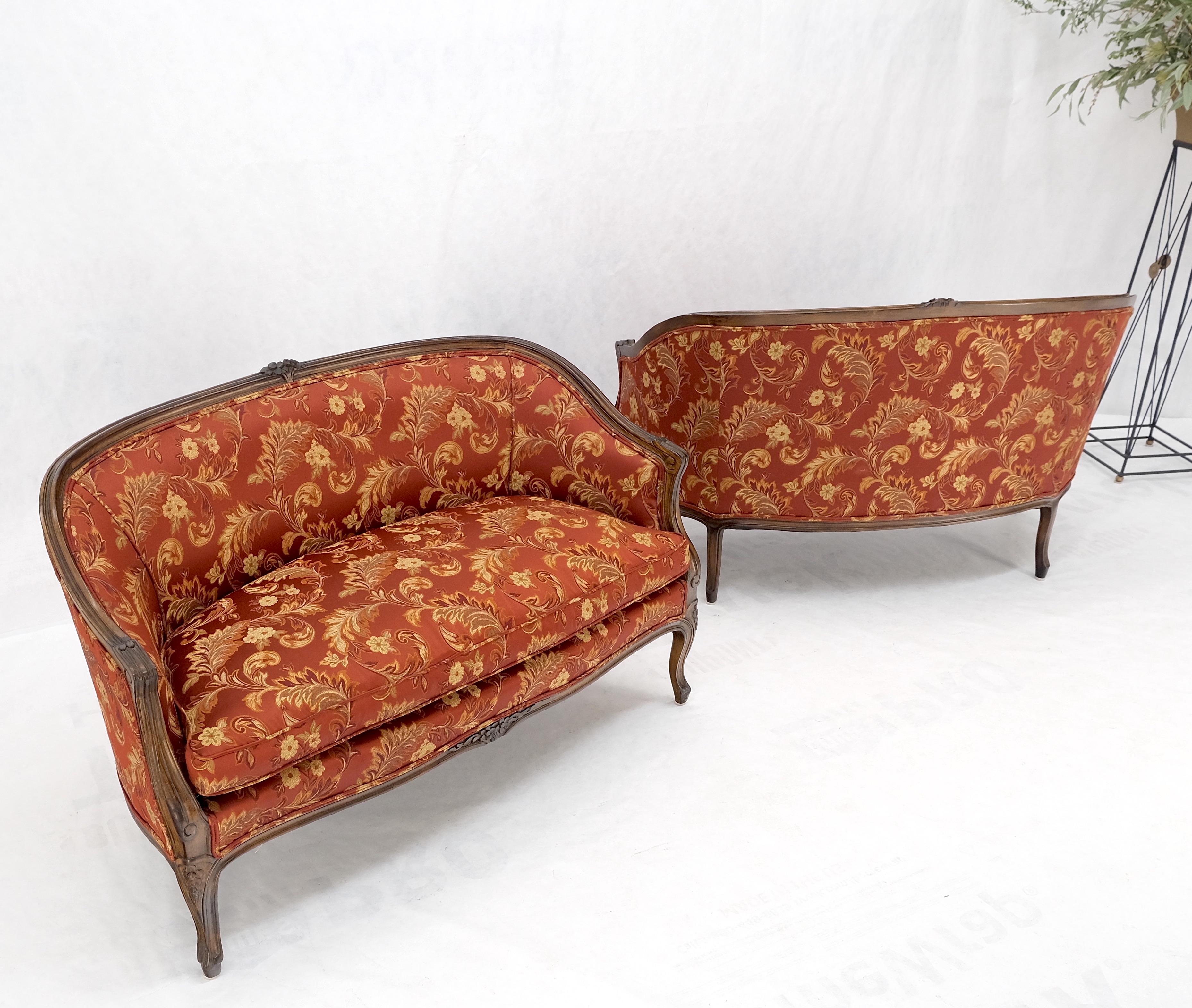 Pair of Mint Condition Carved Walnut Country French Down Cushions Compact Sofas For Sale 5