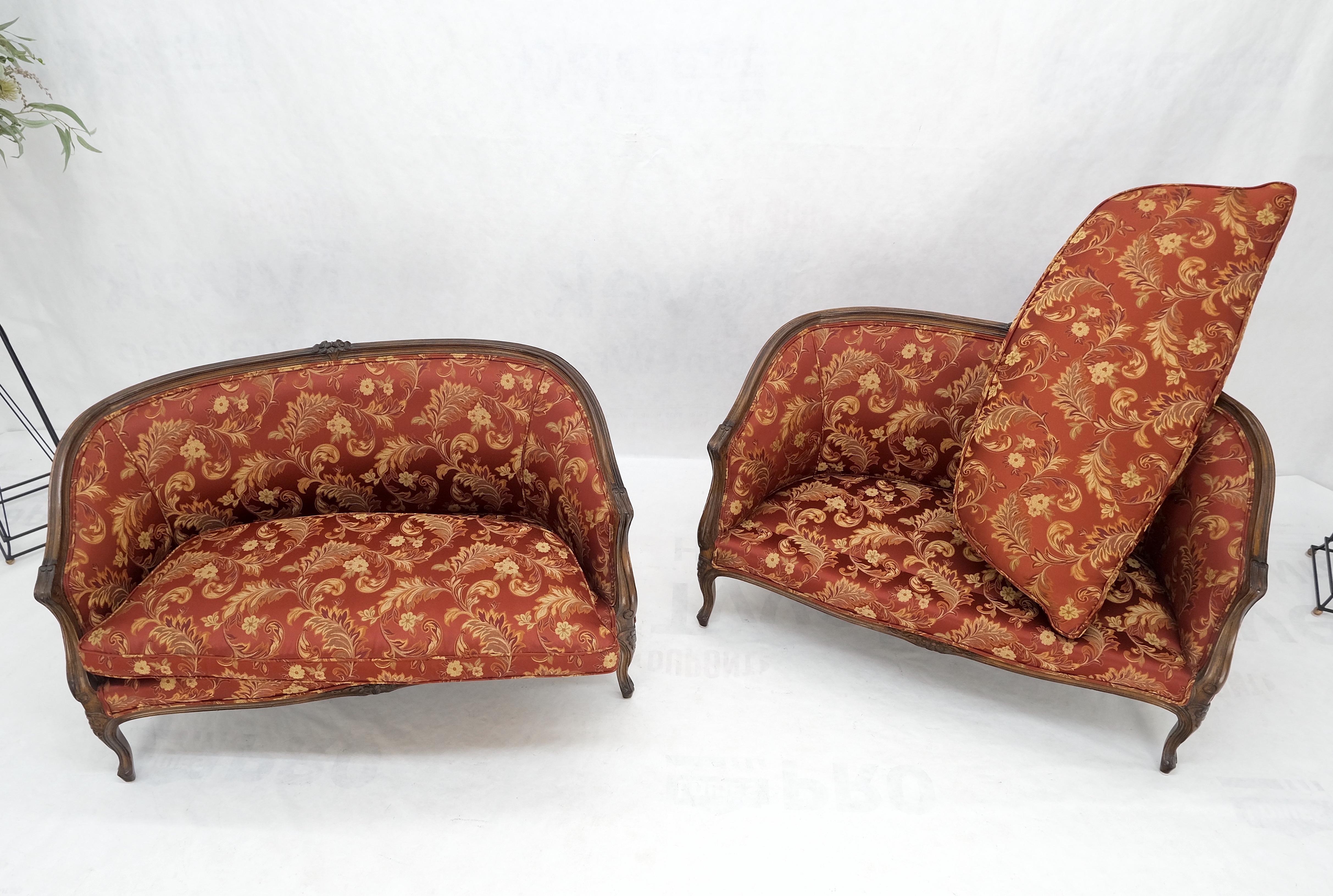 Pair of Mint Condition Carved Walnut Country French Down Cushions Compact Sofas For Sale 7