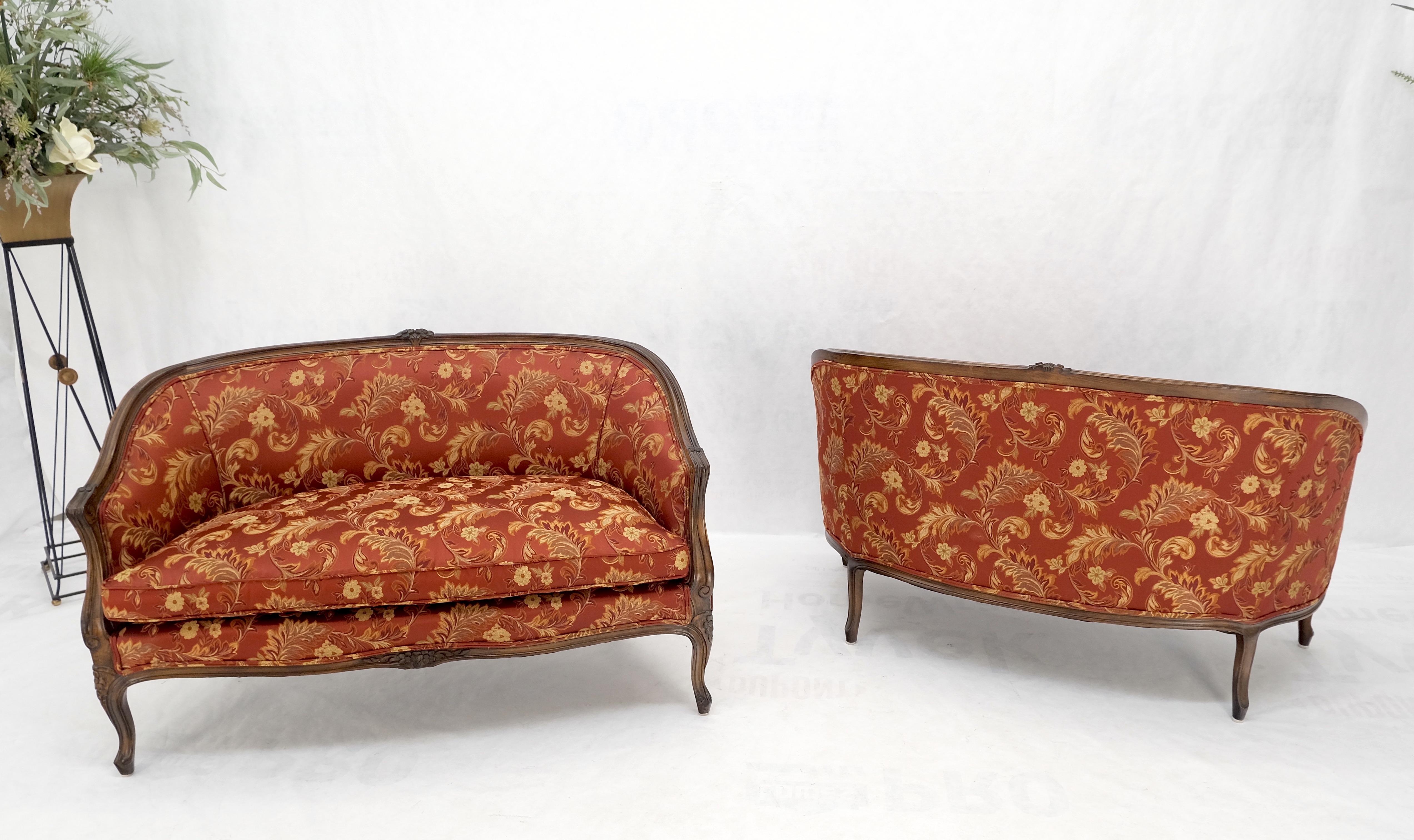 Pair of Mint Condition Carved Walnut Country French Down Cushions Compact Sofas For Sale 9