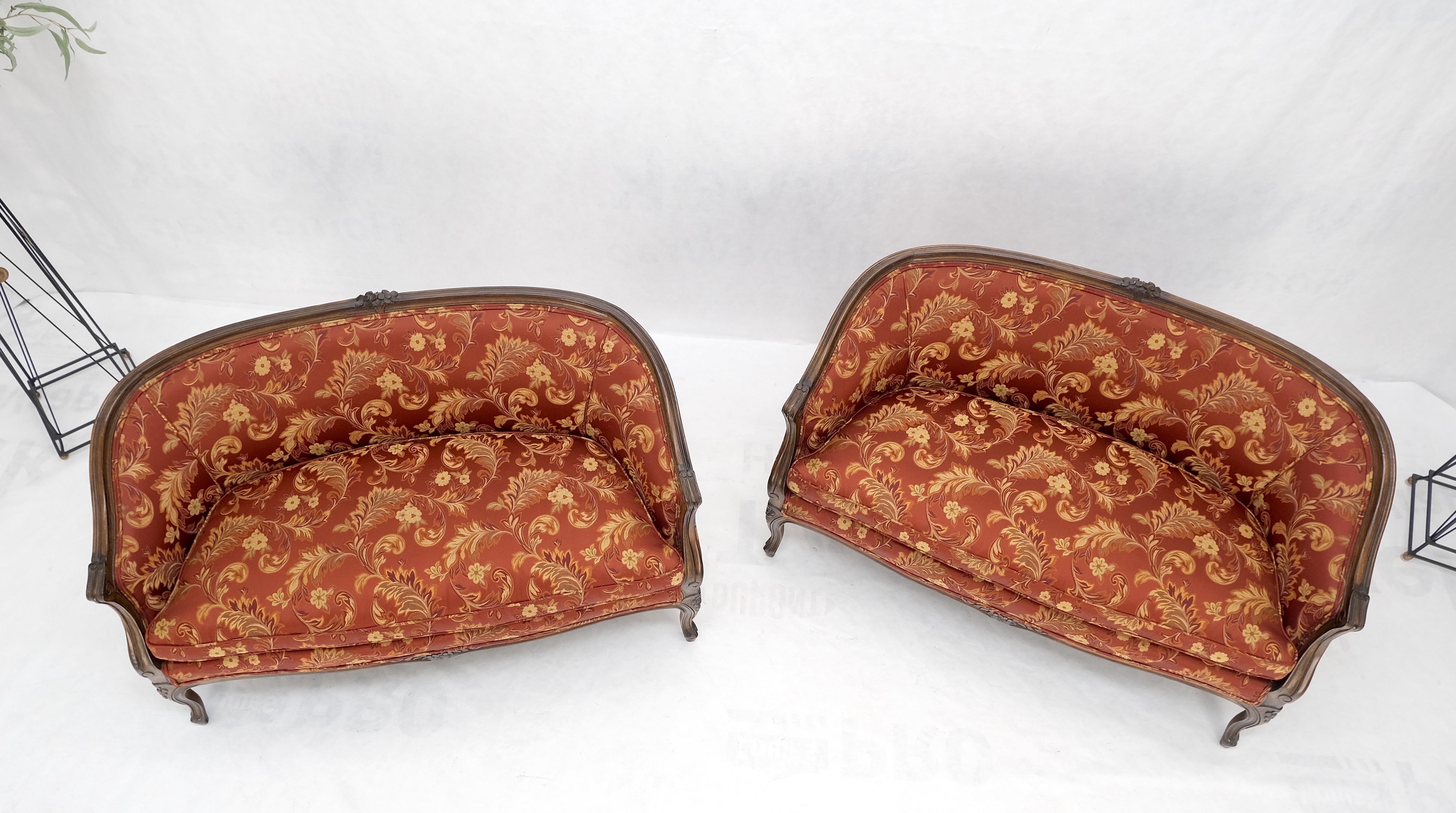 American Pair of Mint Condition Carved Walnut Country French Down Cushions Compact Sofas For Sale