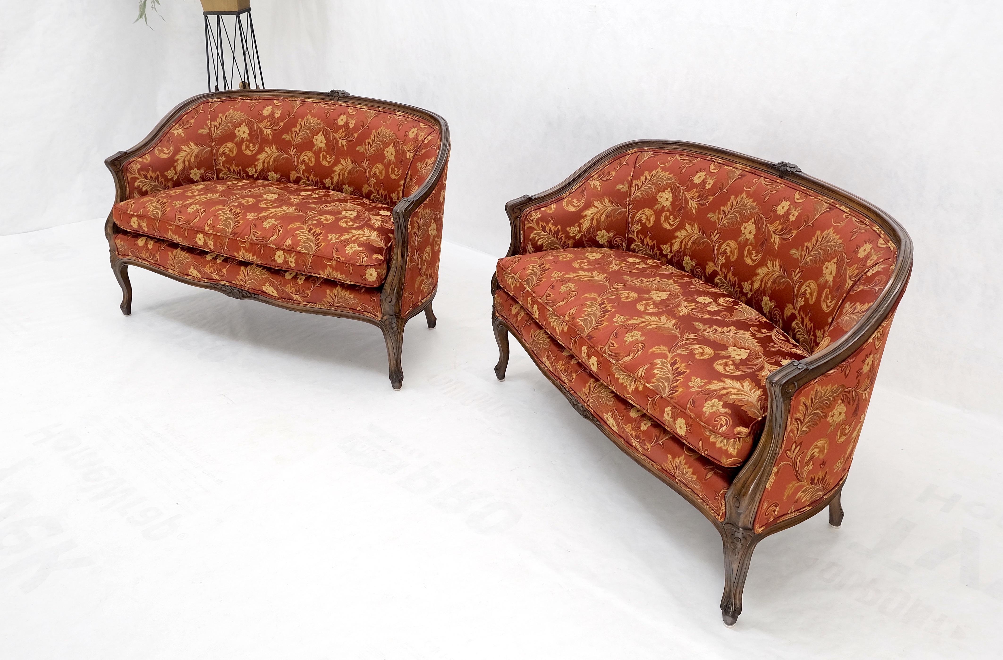 Pair of Mint Condition Carved Walnut Country French Down Cushions Compact Sofas For Sale 1