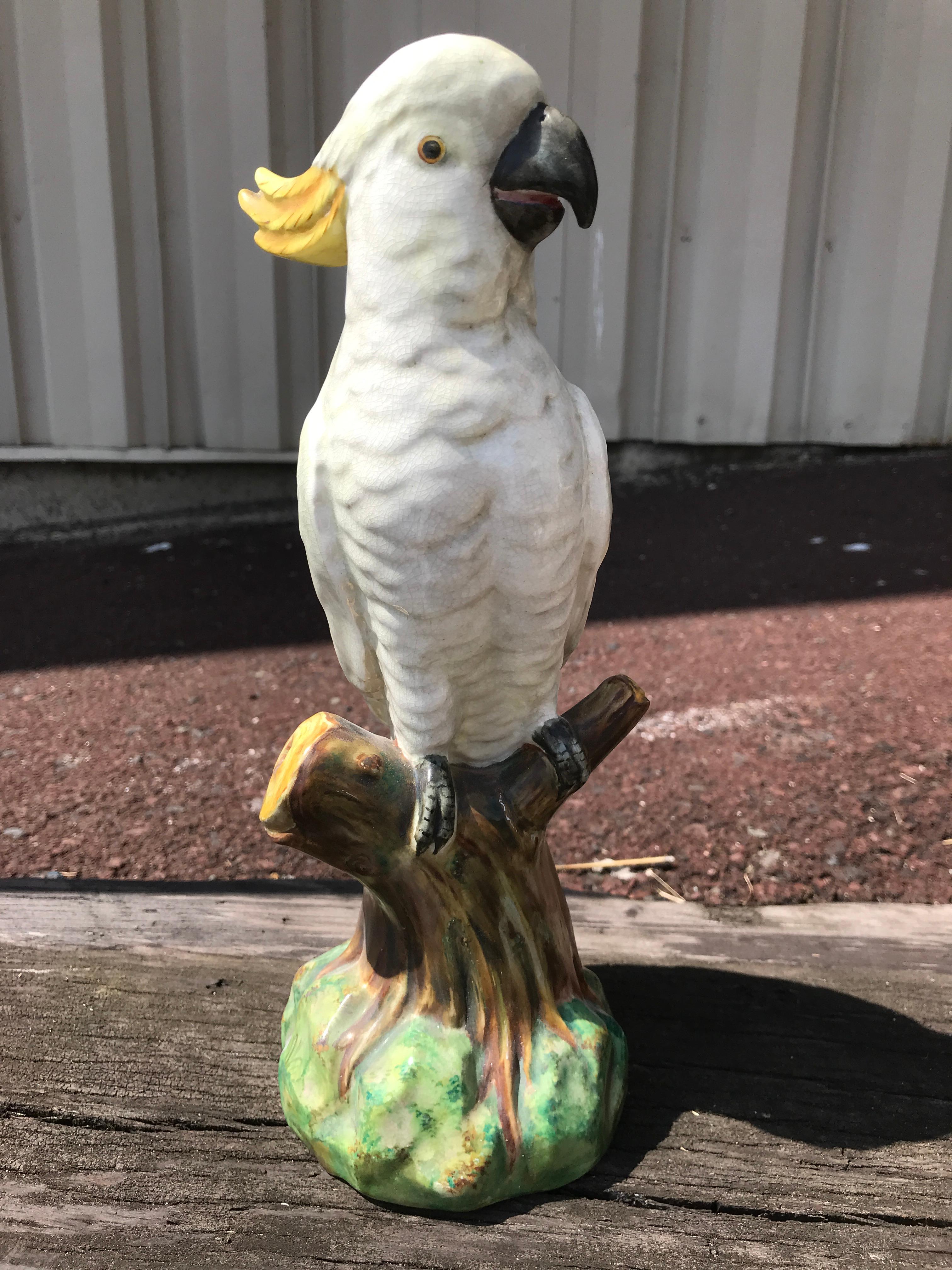 Pair of Mintons Majolica White Cockatoo In Good Condition For Sale In Oaks, PA