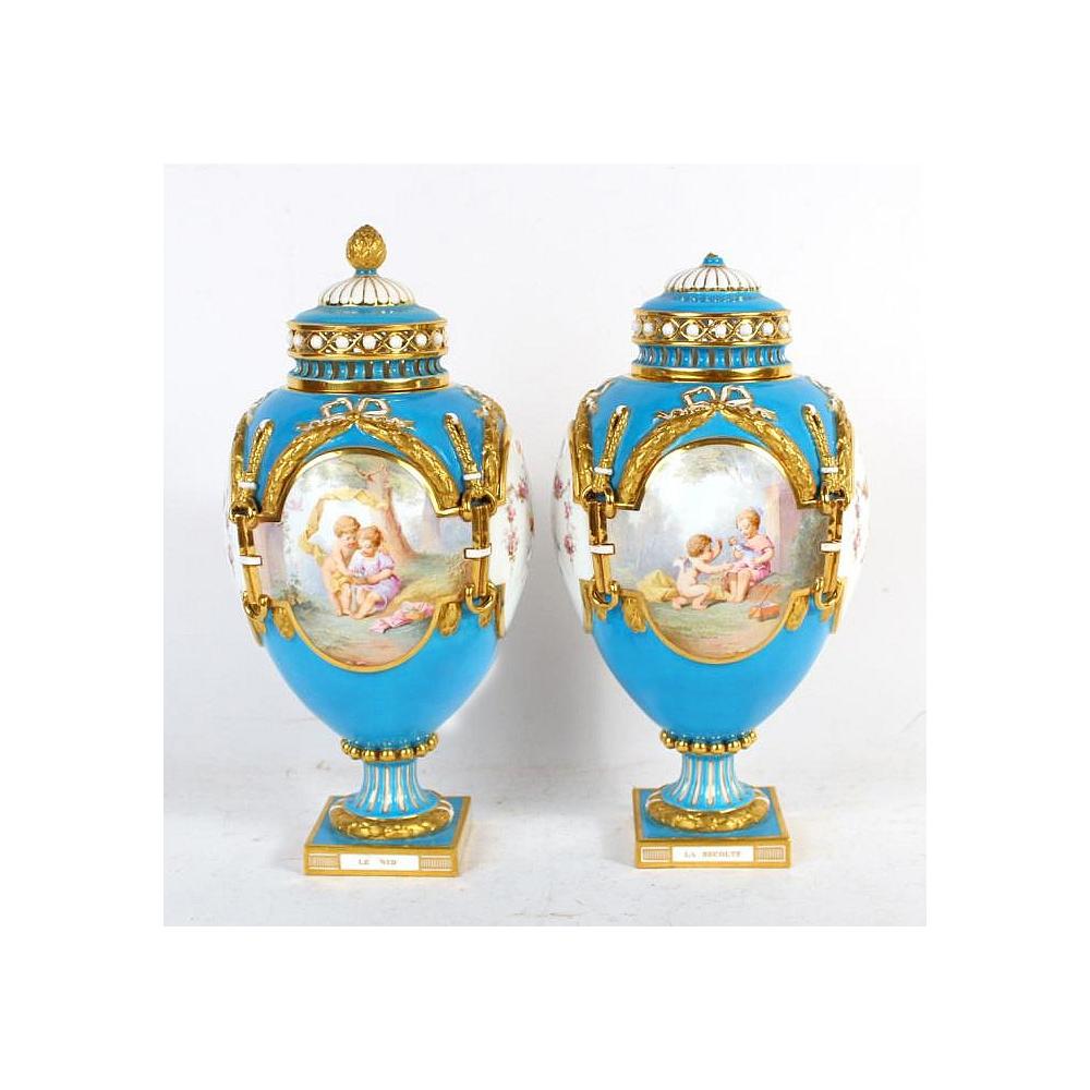 Pair of bleu celeste ground porcelain vases with fluted necks and four painted scenes of what appears to be two young members of the high court on the front and back of each vase. The four unique paintings tell a story of the two walking through the