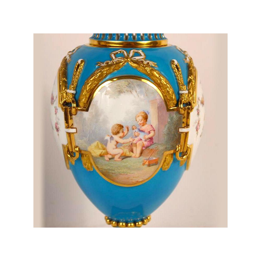Fired Pair of Minton Blue Gilt Ground Porcelain Urns For Sale