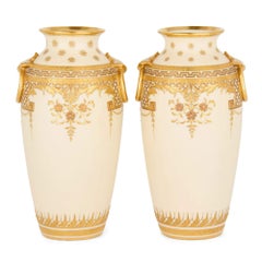 Pair of Minton Gilt-Decorated Ivory-Ground Porcelain Vases