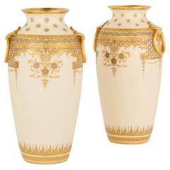 Pair of Minton Gilt-Decorated Ivory-Ground Porcelain Vases