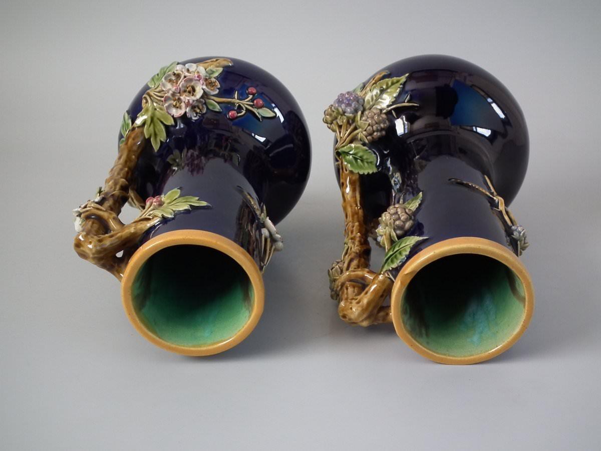 Victorian Pair of Minton Majolica Berry and Blossom Vases with Handles