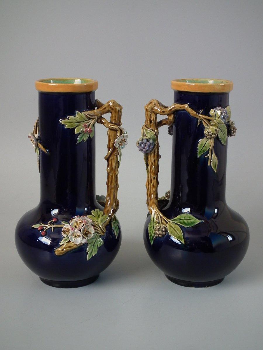 Late 19th Century Pair of Minton Majolica Berry and Blossom Vases with Handles