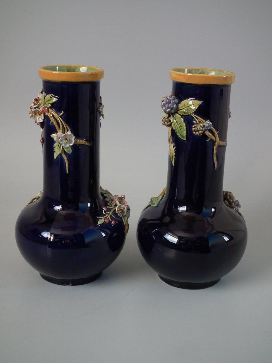 Pair of Minton Majolica Berry and Blossom Vases with Handles 1