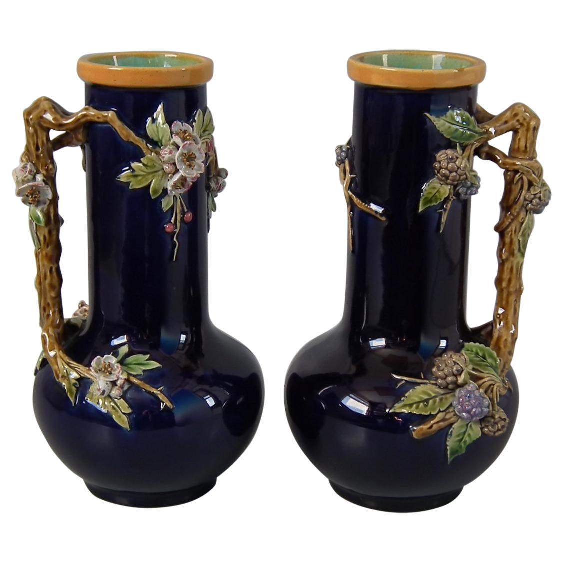 Pair of Minton Majolica Berry and Blossom Vases with Handles