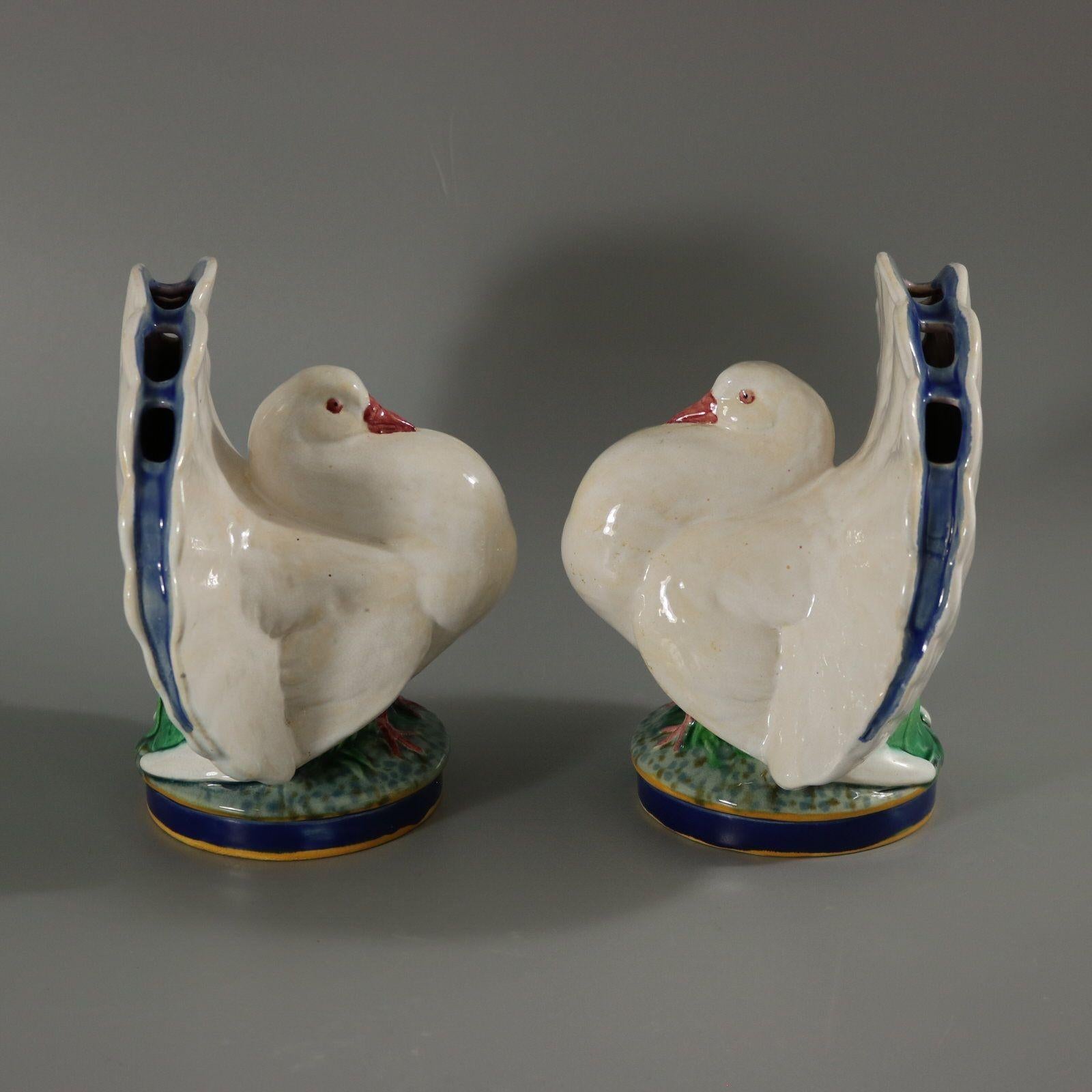 Late 19th Century Pair of Minton Majolica Dove Flower Holders For Sale