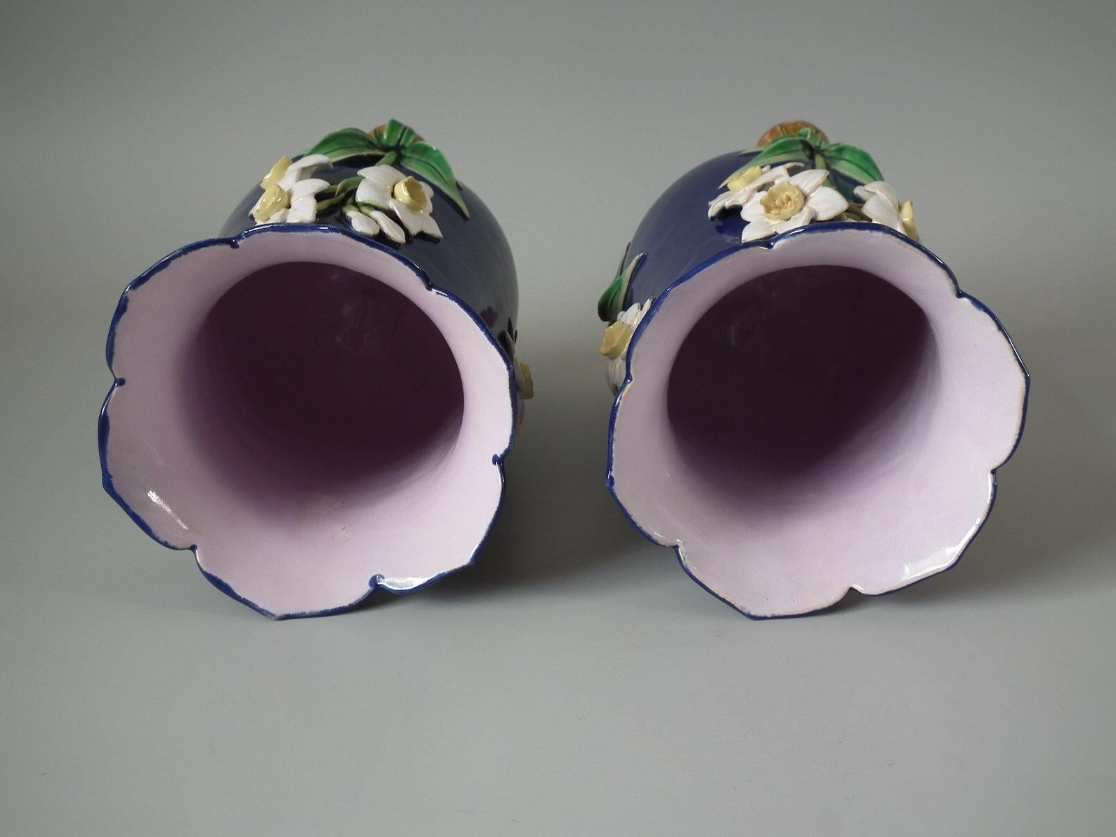 Victorian Pair of Minton Majolica Spring Daffodil Vases For Sale